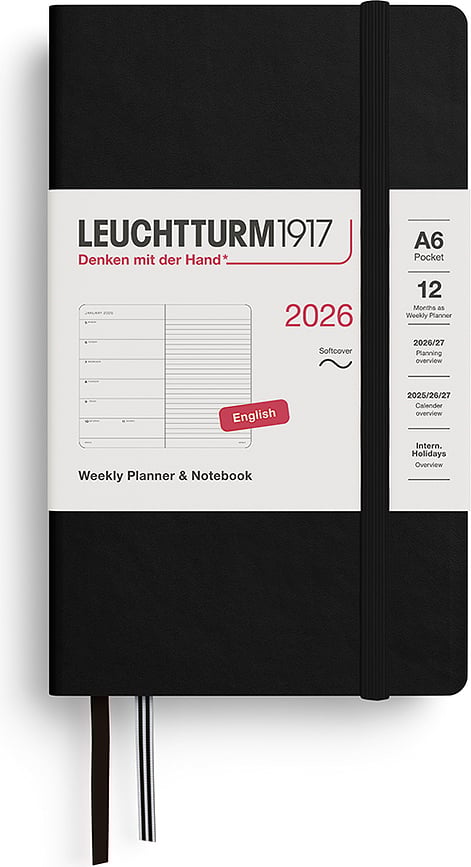Leuchtturm 1917 Tjedni Planer s Bilježnicom na crte meki uvez A6 2026 EN crni