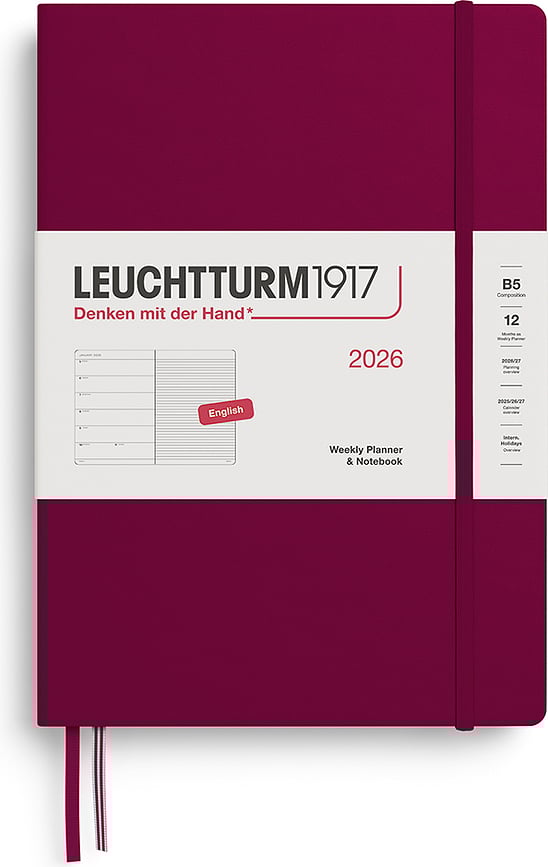 Leuchtturm 1917 Tjedni Planer s bilježnicom na crte tvrdi uvez 2026 EN B5 bordo