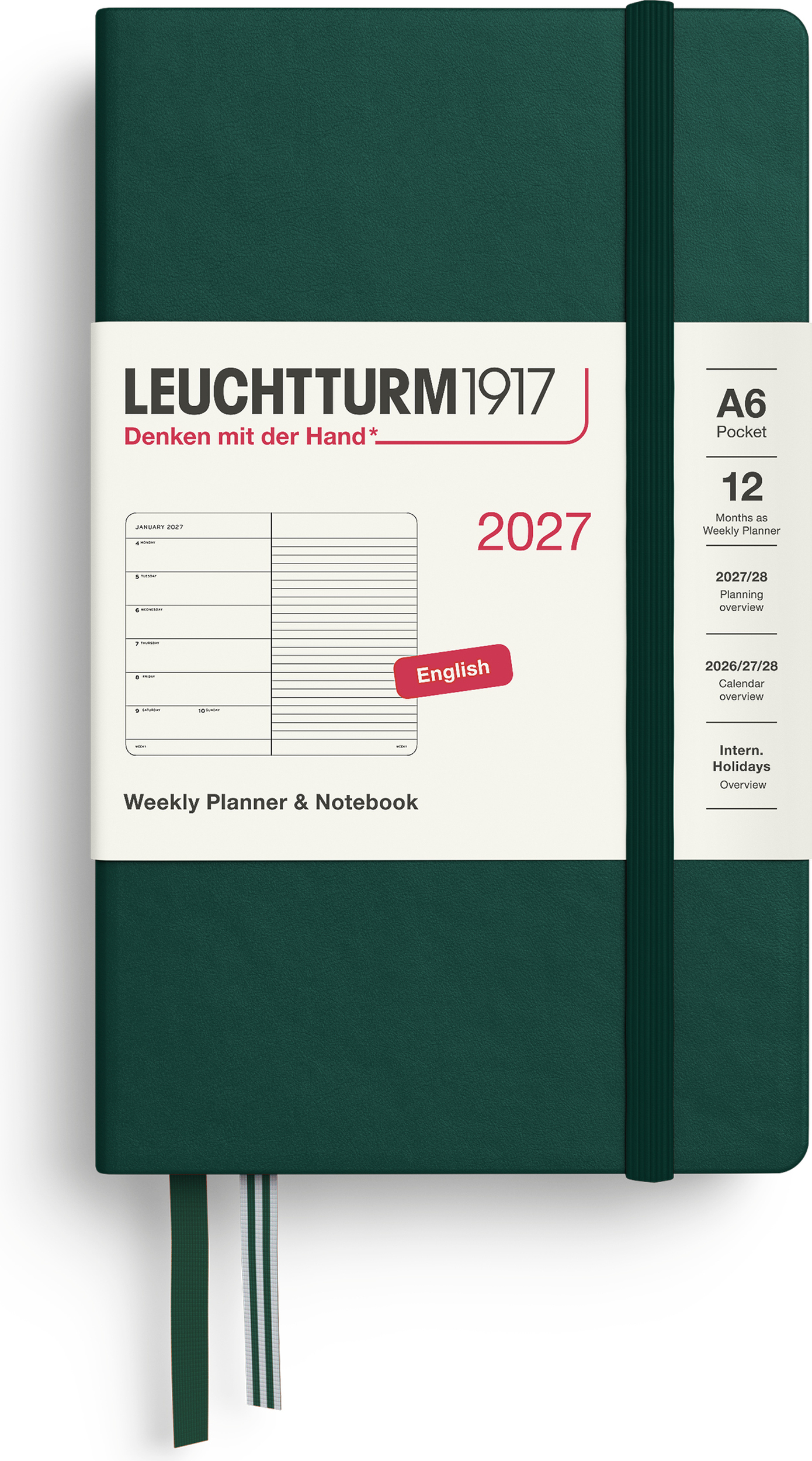 Leuchtturm 1917 Wochenkalender mit Notizbuch liniert Hardcover 2027 EN A6, dunkelgrün