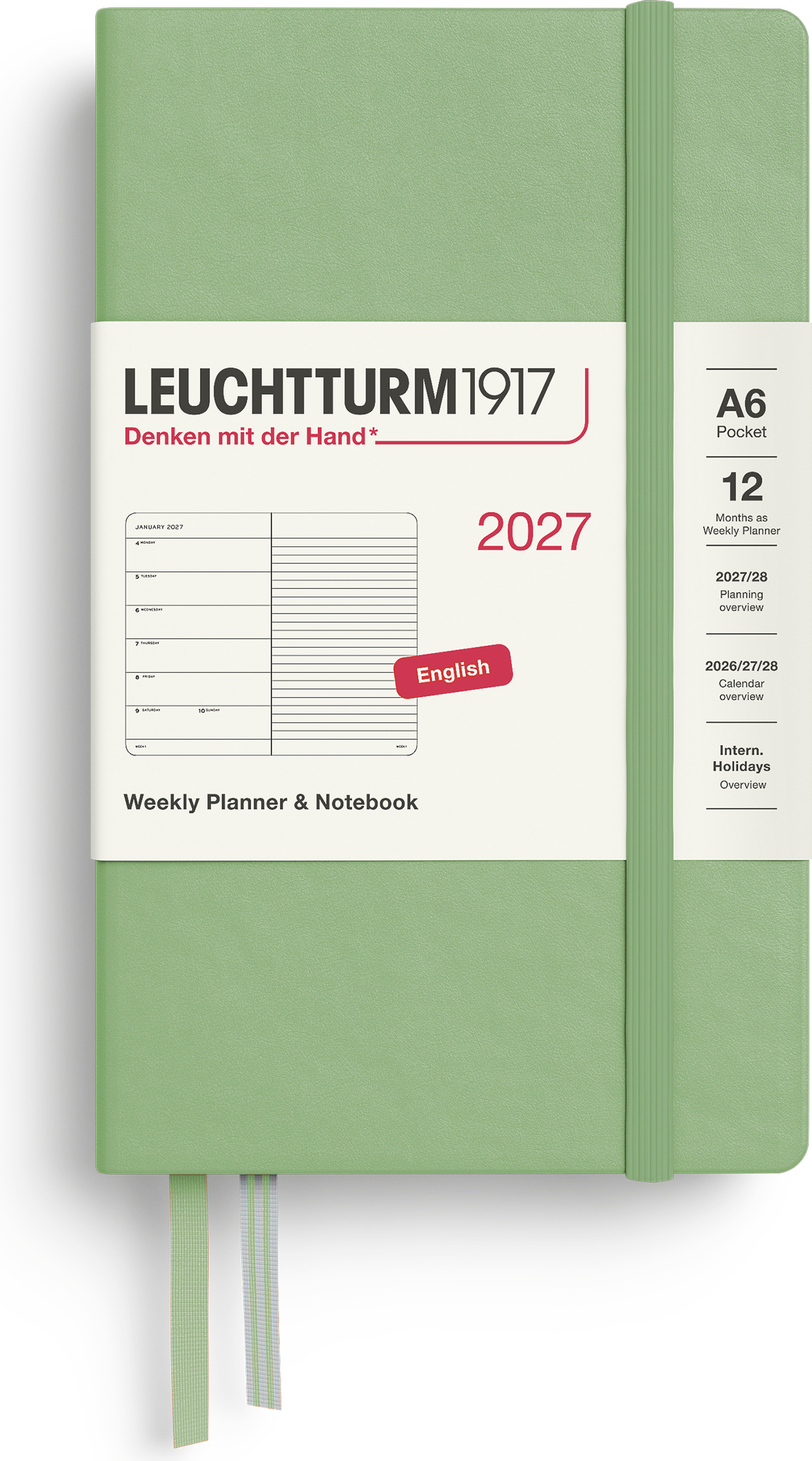 Leuchtturm 1917 Wochenkalender mit Notizbuch liniert Hardcover 2027 EN A6, hellgrün