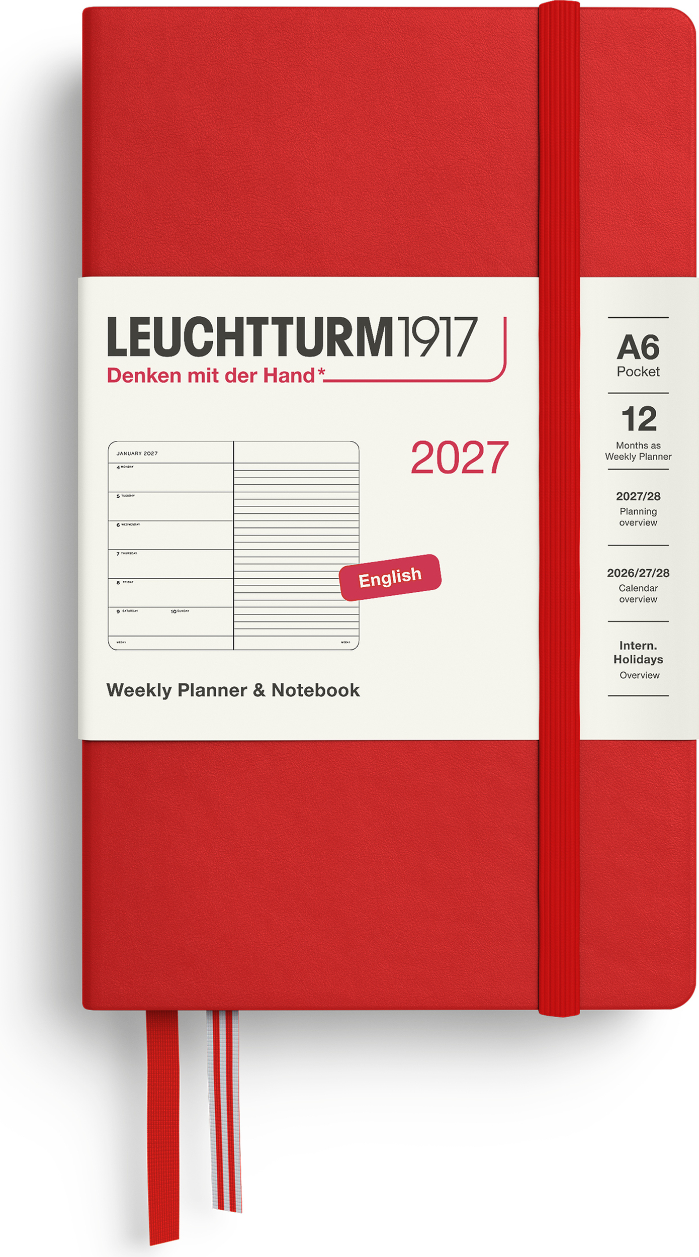 Leuchtturm 1917 Wochenkalender mit Notizbuch liniert Hardcover 2027 EN A6, rot