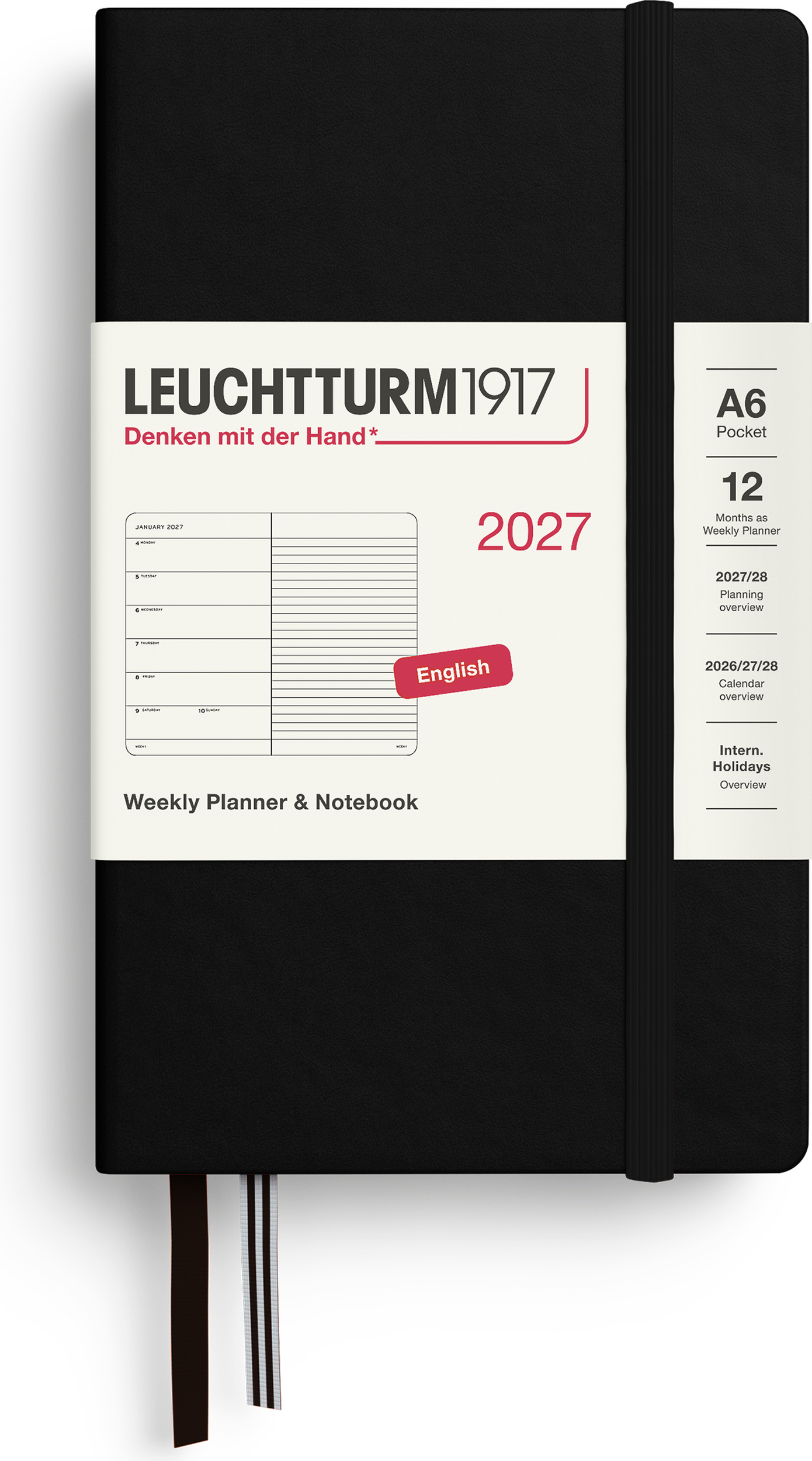 Leuchtturm 1917 Wochenkalender mit Notizbuch liniert Hardcover 2027 EN A6, schwarz