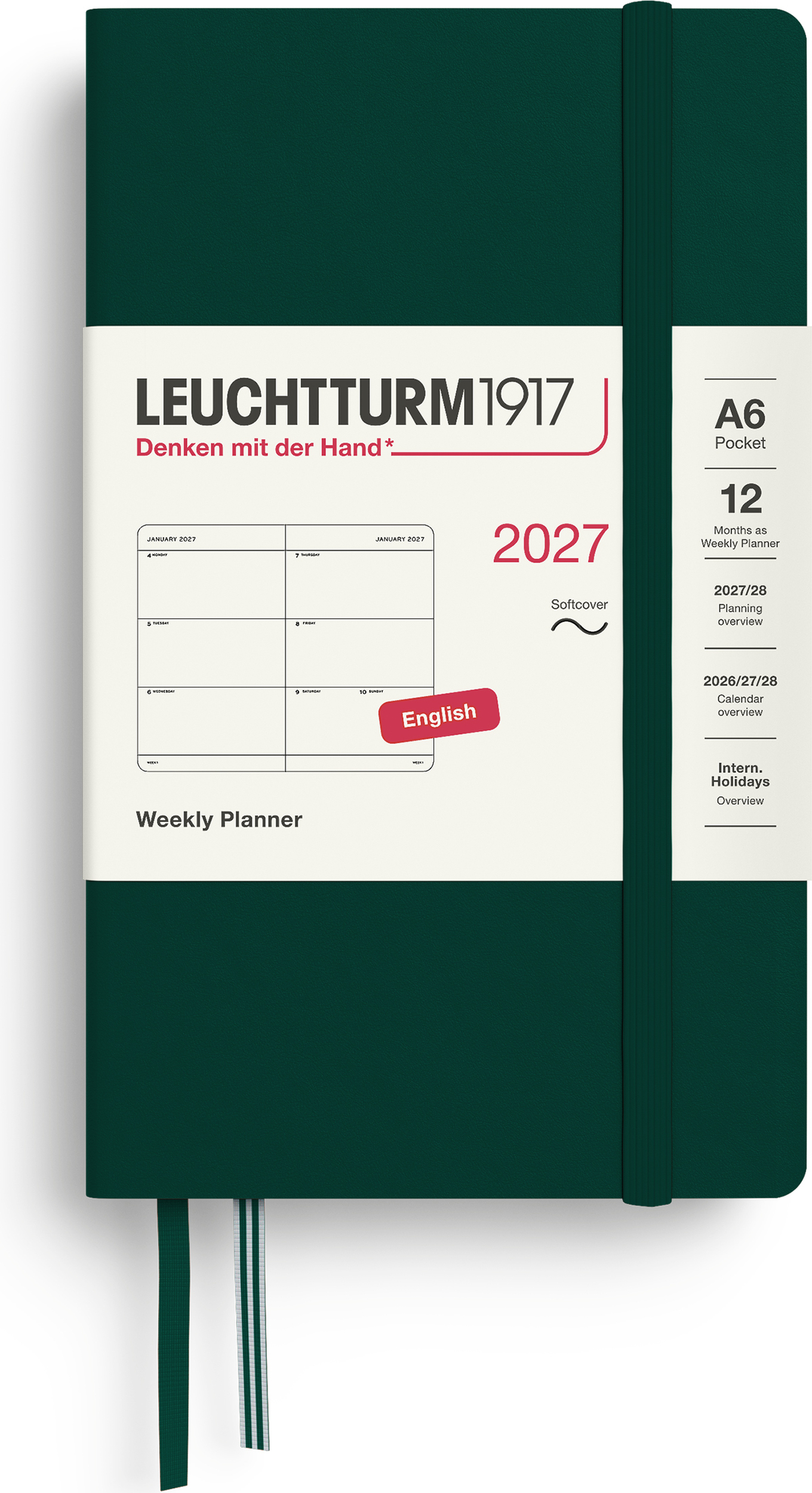 Leuchtturm 1917 Wochenplaner 2027 EN A6, Softcover, Dunkelgrün