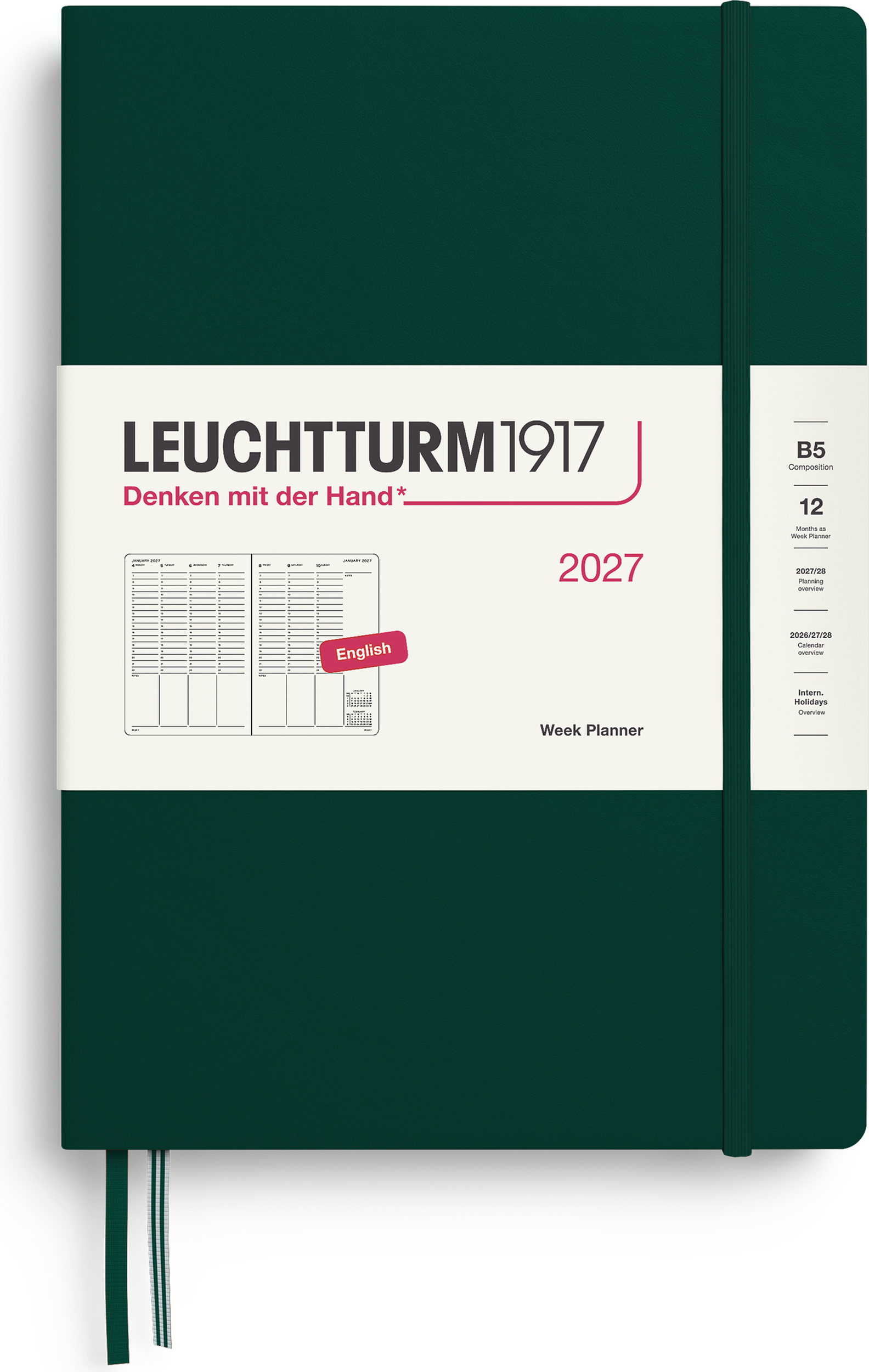 Leuchtturm 1917 Wochenplaner Hardcover 2027 EN B5, dunkelgrün