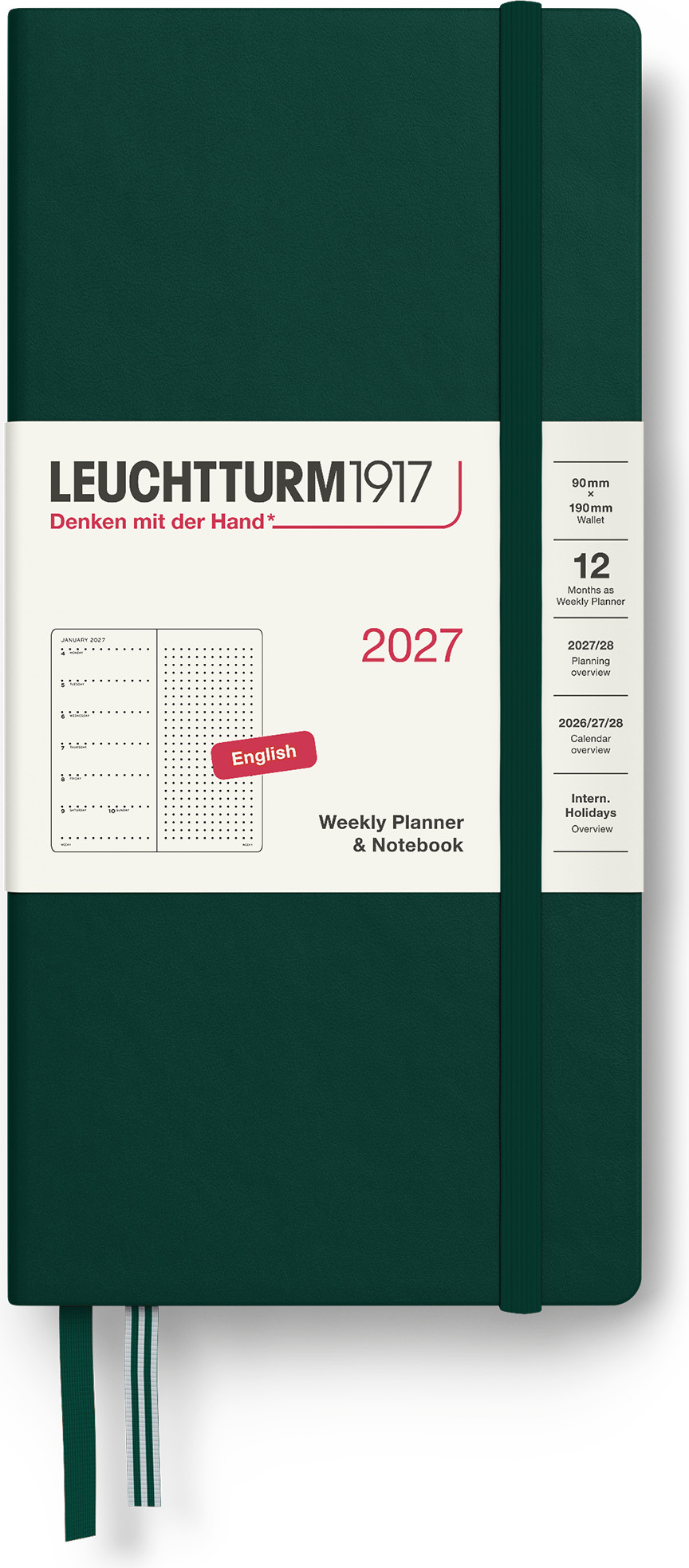 Leuchtturm 1917 Wochenplaner mit Notizbuch gepunktet Hardcover 2027 EN B6+ x A6, dunkelgrün