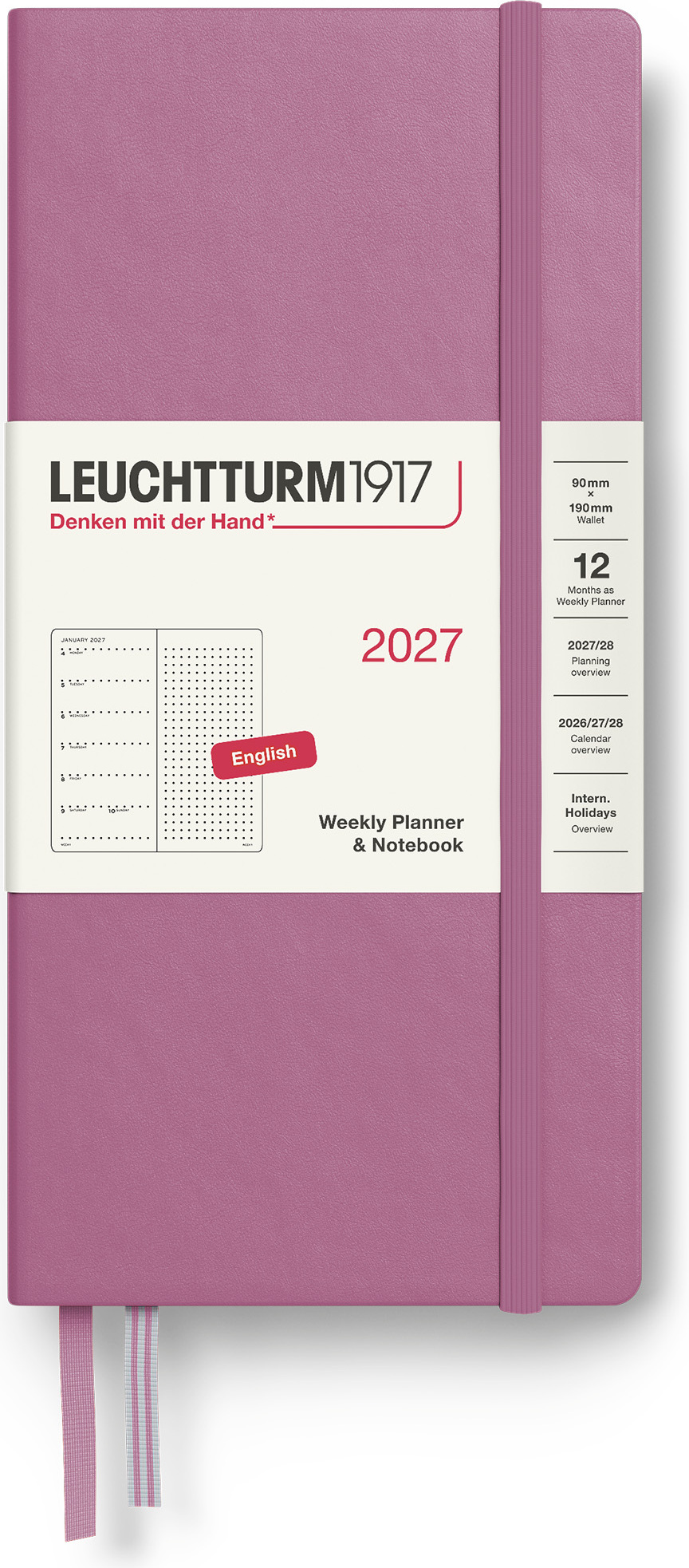 Leuchtturm 1917 Wochenplaner mit Notizbuch gepunktet Hardcover 2027 EN B6+ x A6, rosa