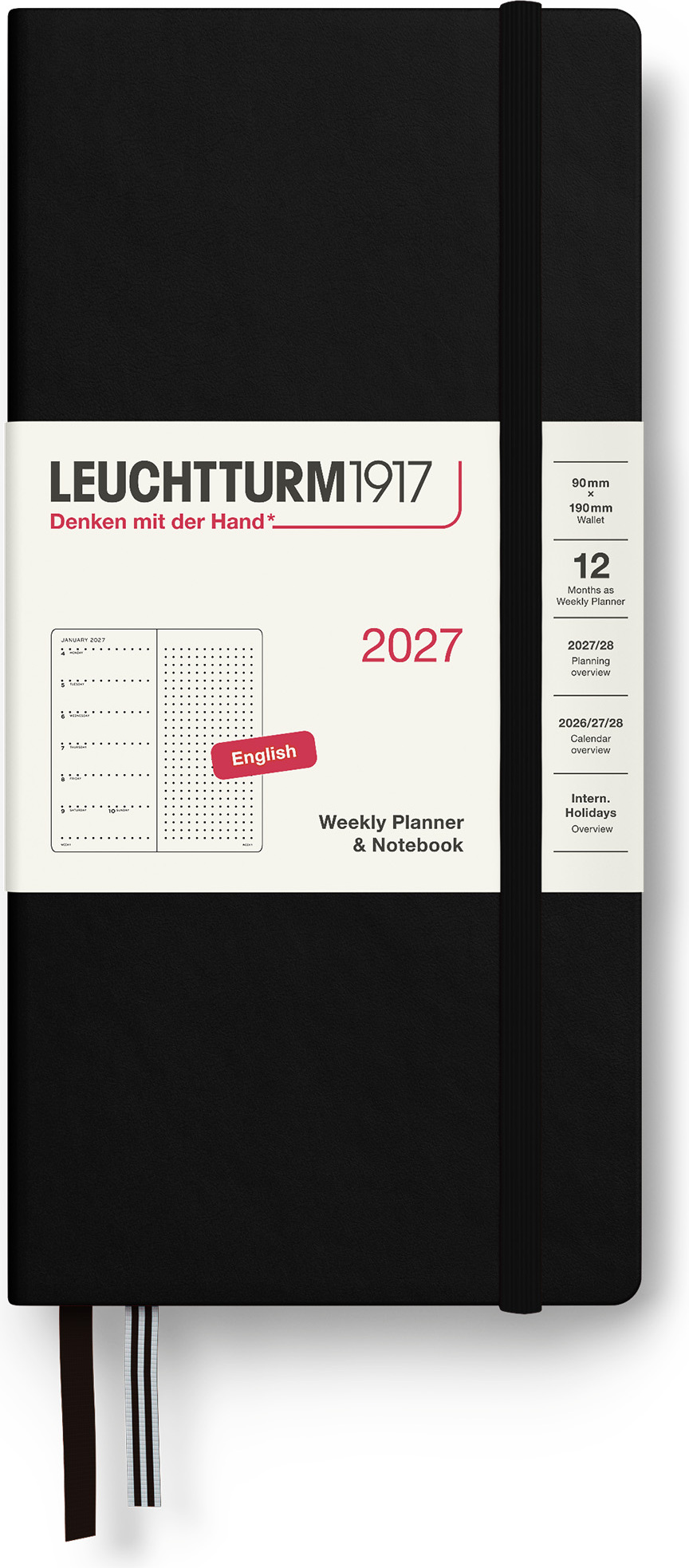 Leuchtturm 1917 Wochenplaner mit Notizbuch gepunktet Hardcover 2027 EN B6+ x A6, schwarz