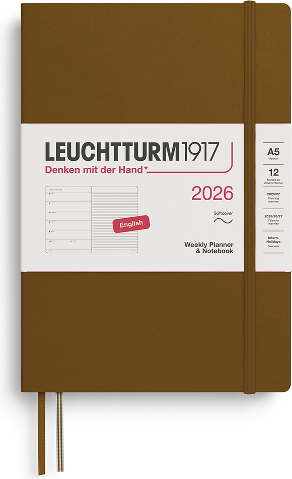 Leuchtturm 1917 Wochenplaner mit Notizbuch liniert 2026 EN A5, braun