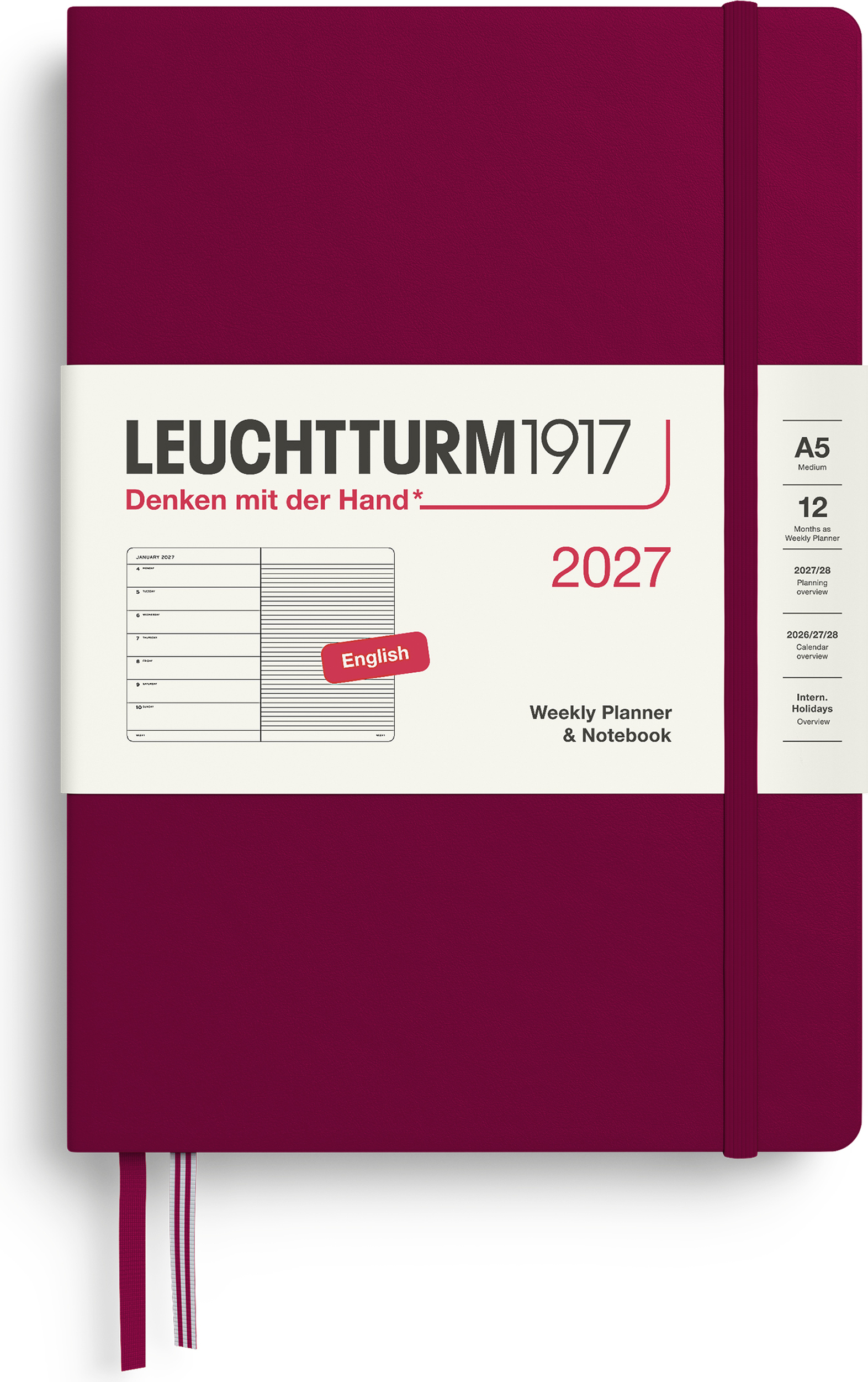 Leuchtturm 1917 Wochenplaner mit Notizbuch liniert Hardcover 2027 EN A5, bordeaux