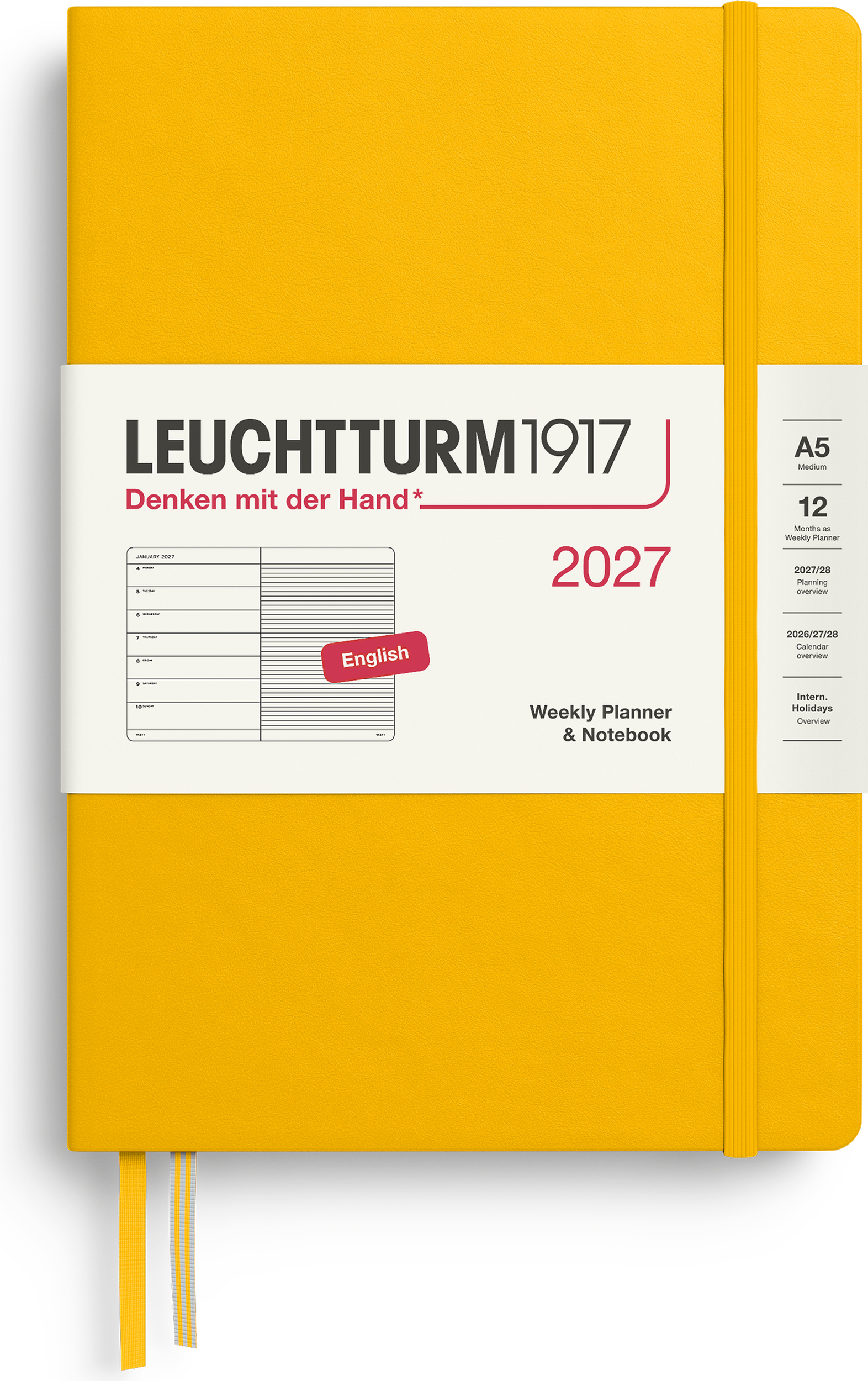 Leuchtturm 1917 Wochenplaner mit Notizbuch liniert Hardcover 2027 EN A5, gelb