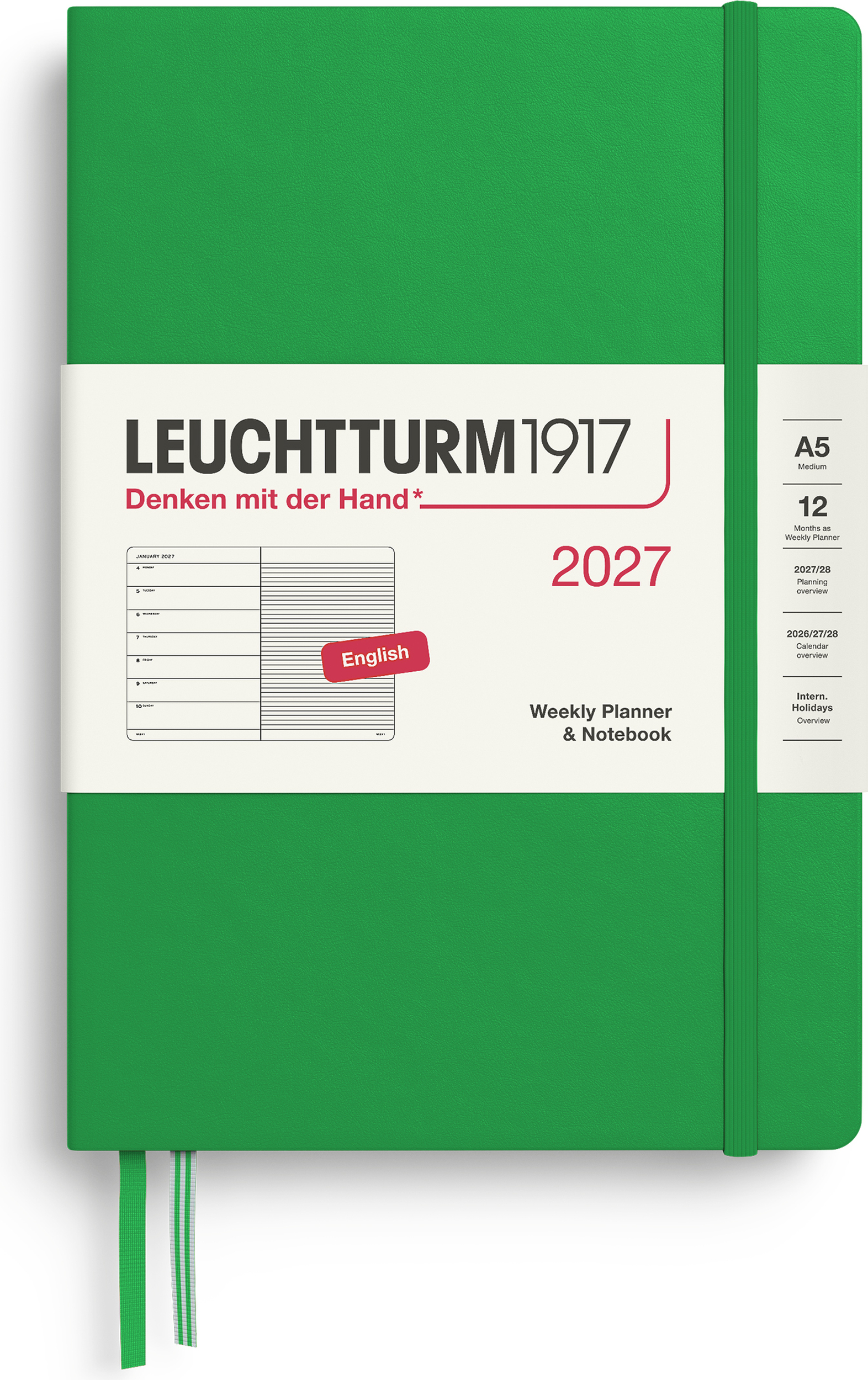 Leuchtturm 1917 Wochenplaner mit Notizbuch liniert Hardcover 2027 EN A5, grün