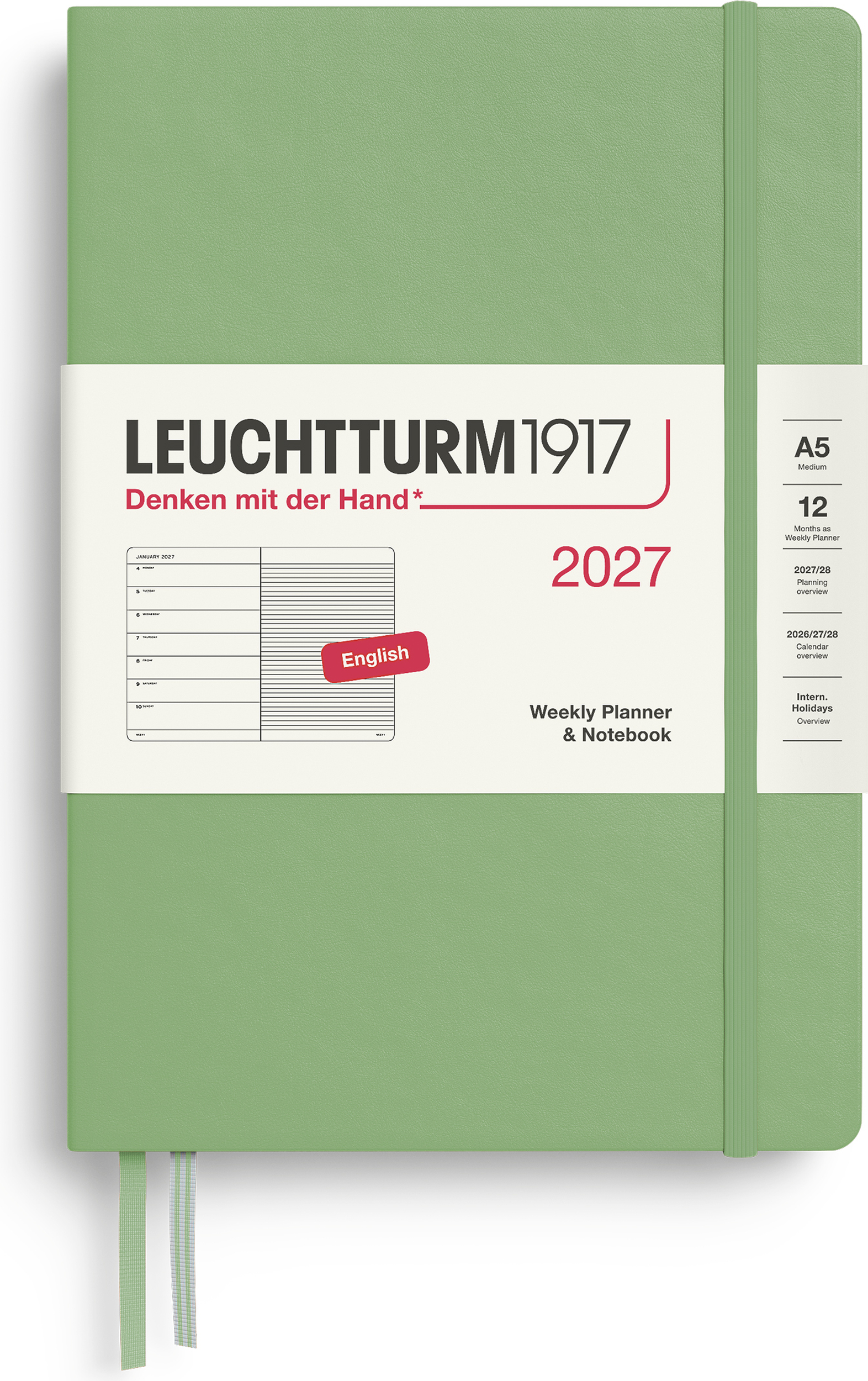 Leuchtturm 1917 Wochenplaner mit Notizbuch liniert Hardcover 2027 EN A5, hellgrün