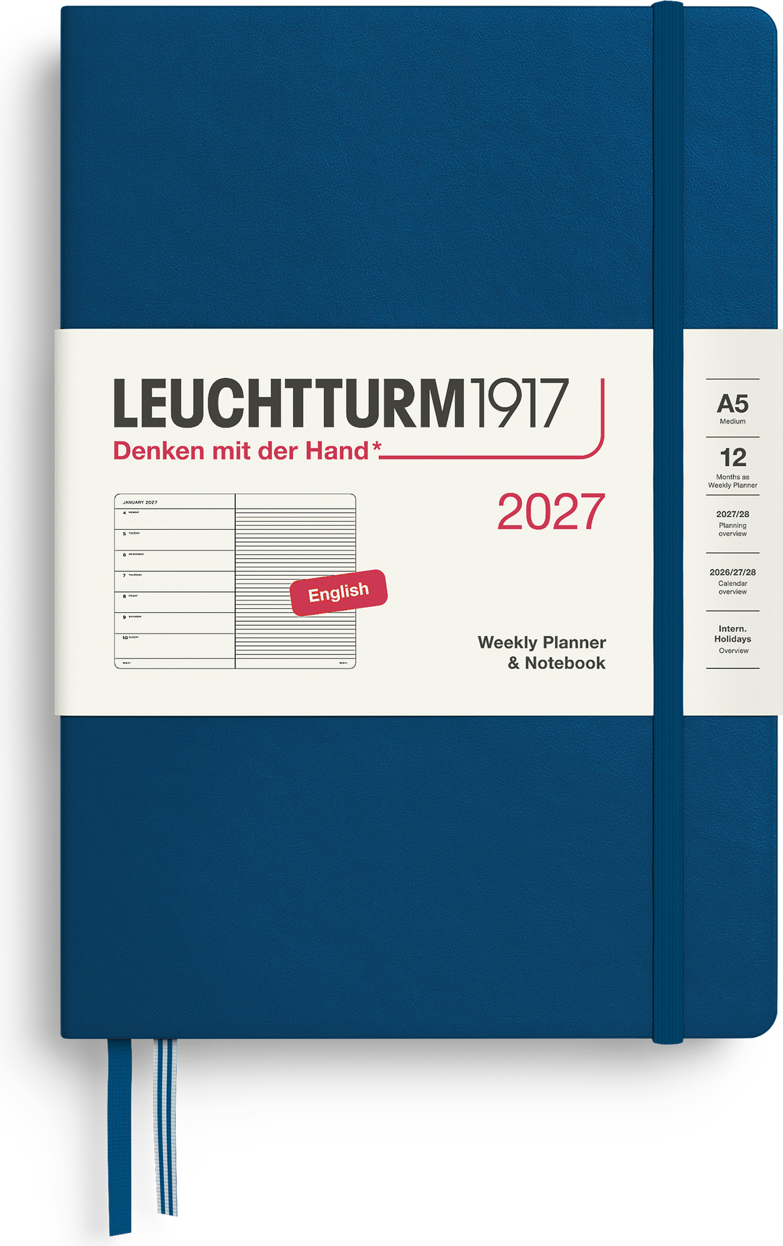 Leuchtturm 1917 Wochenplaner mit Notizbuch liniert Hardcover 2027 EN A5, indigo