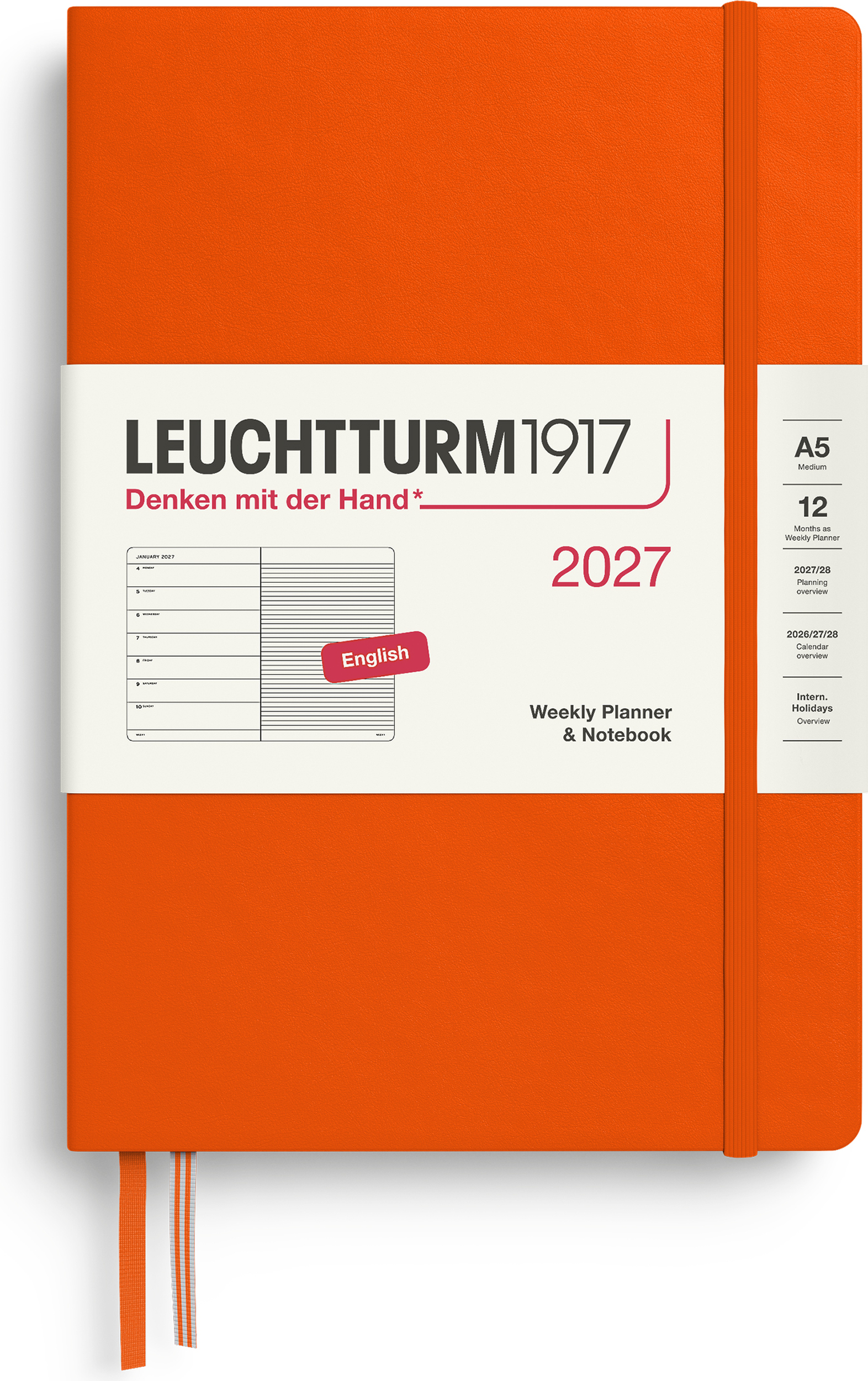 Leuchtturm 1917 Wochenplaner mit Notizbuch liniert Hardcover 2027 EN A5, orange