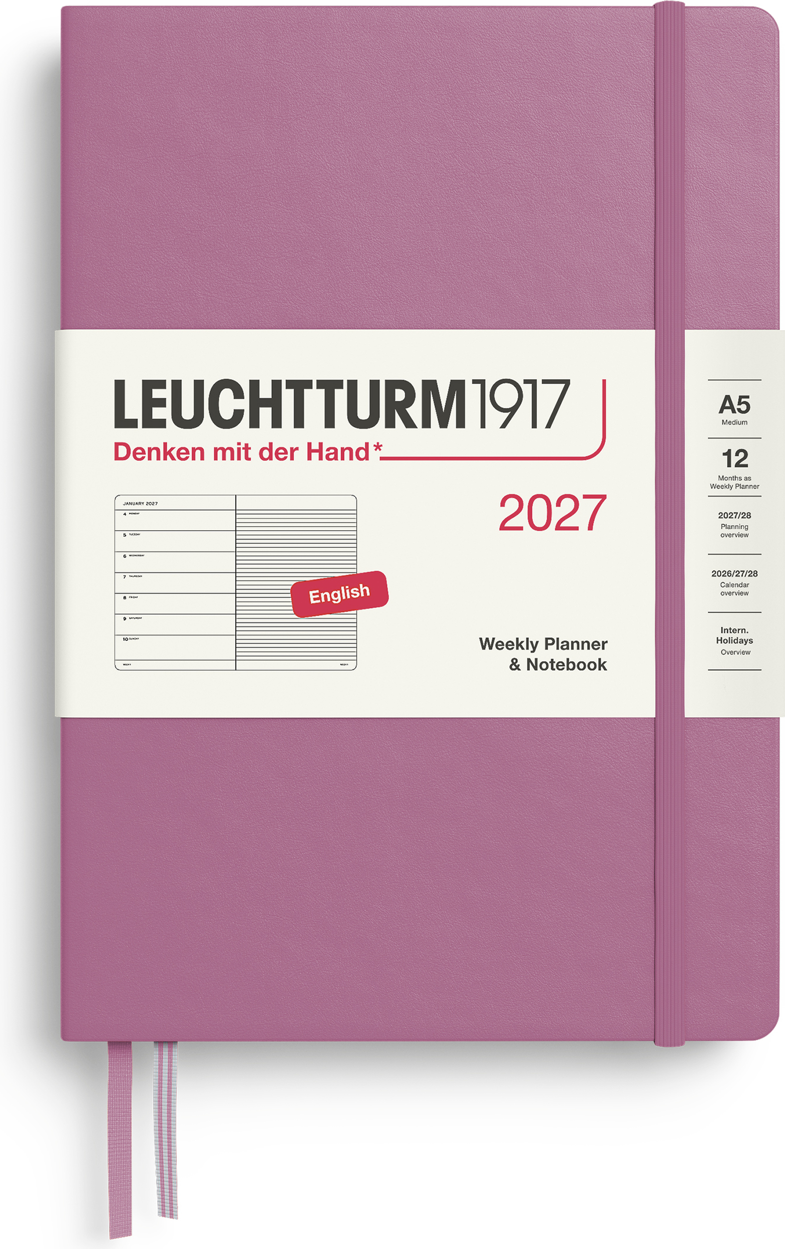 Leuchtturm 1917 Wochenplaner mit Notizbuch liniert Hardcover 2027 EN A5, rosa