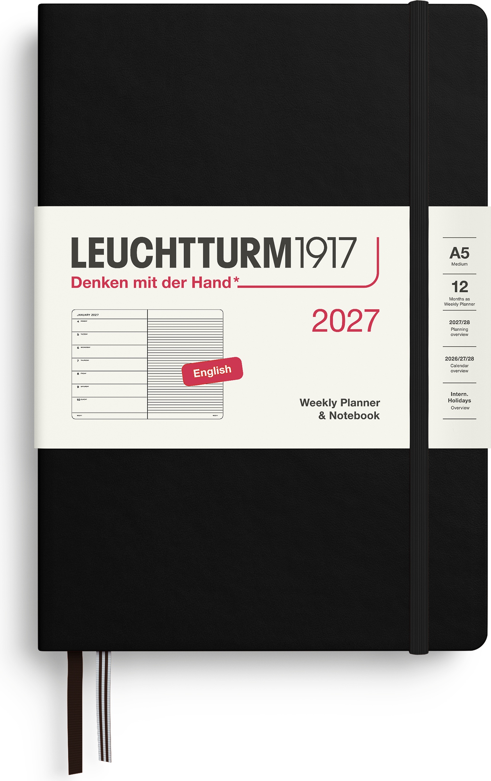 Leuchtturm 1917 Wochenplaner mit Notizbuch liniert Hardcover 2027 EN A5, schwarz