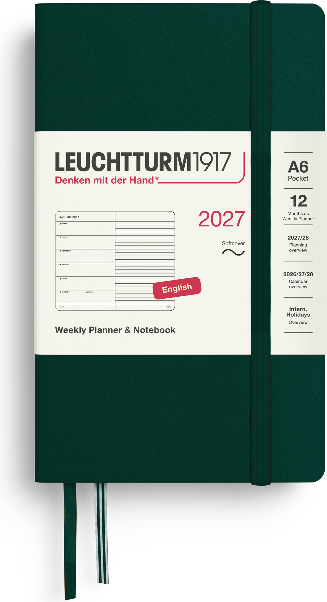 Leuchtturm 1917 Wochenplaner mit Notizbuch liniert Softcover 2027 EN A6, dunkelgrün