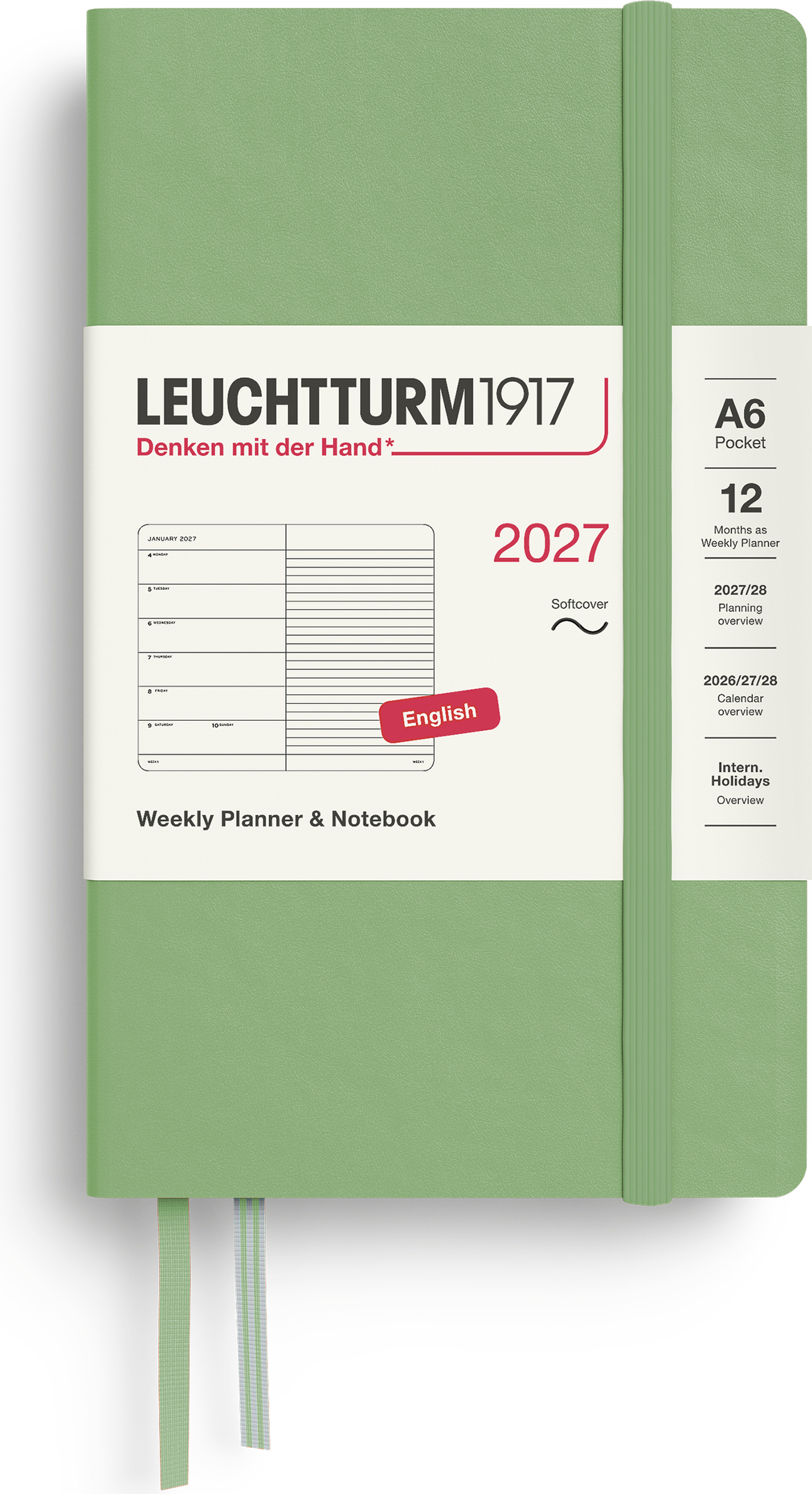 Leuchtturm 1917 Wochenplaner mit Notizbuch liniert Softcover 2027 EN A6, hellgrün