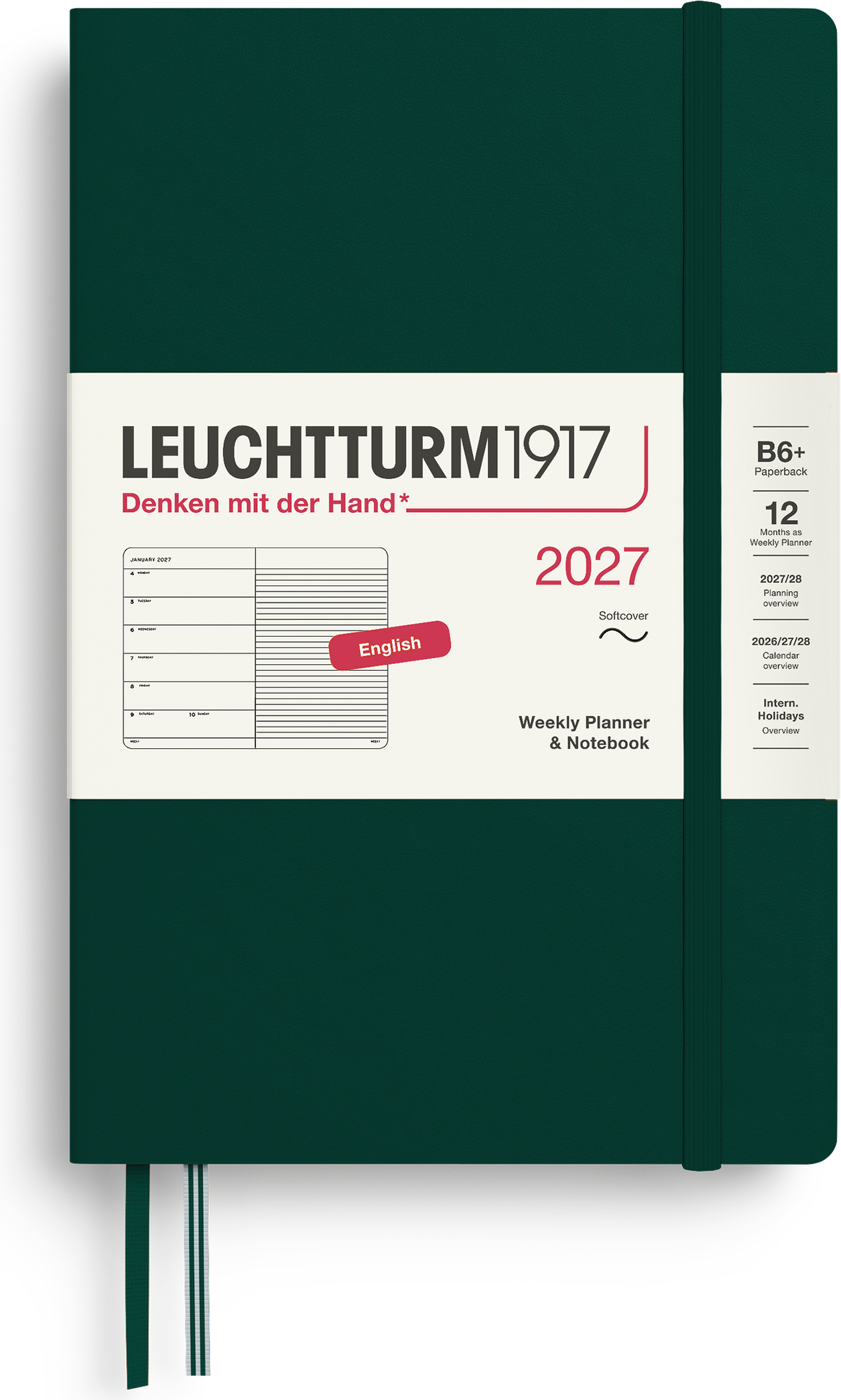 Leuchtturm 1917 Wochenplaner mit Notizbuch liniert Softcover 2027 EN B6+, dunkelgrün