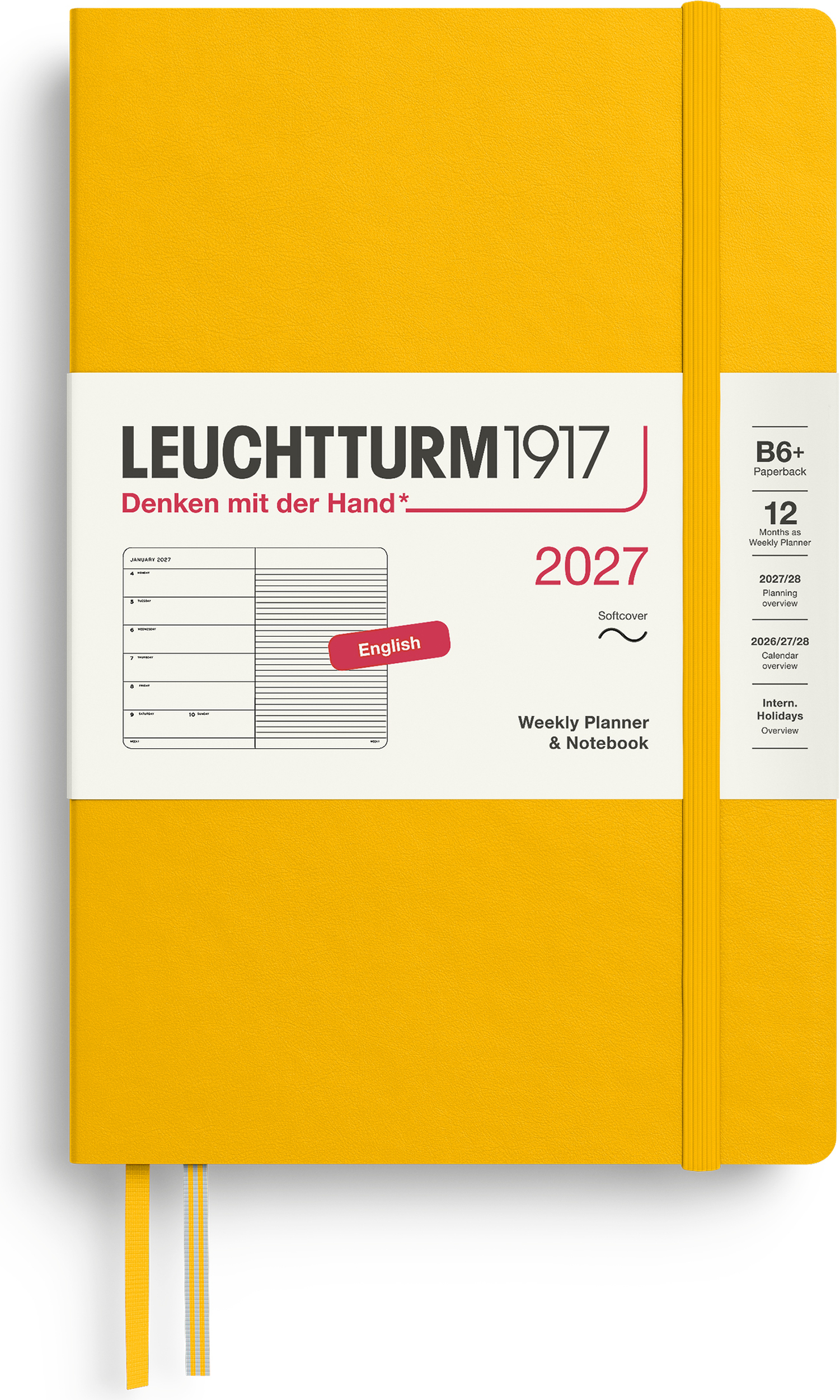 Leuchtturm 1917 Wochenplaner mit Notizbuch liniert Softcover 2027 EN B6+, gelb