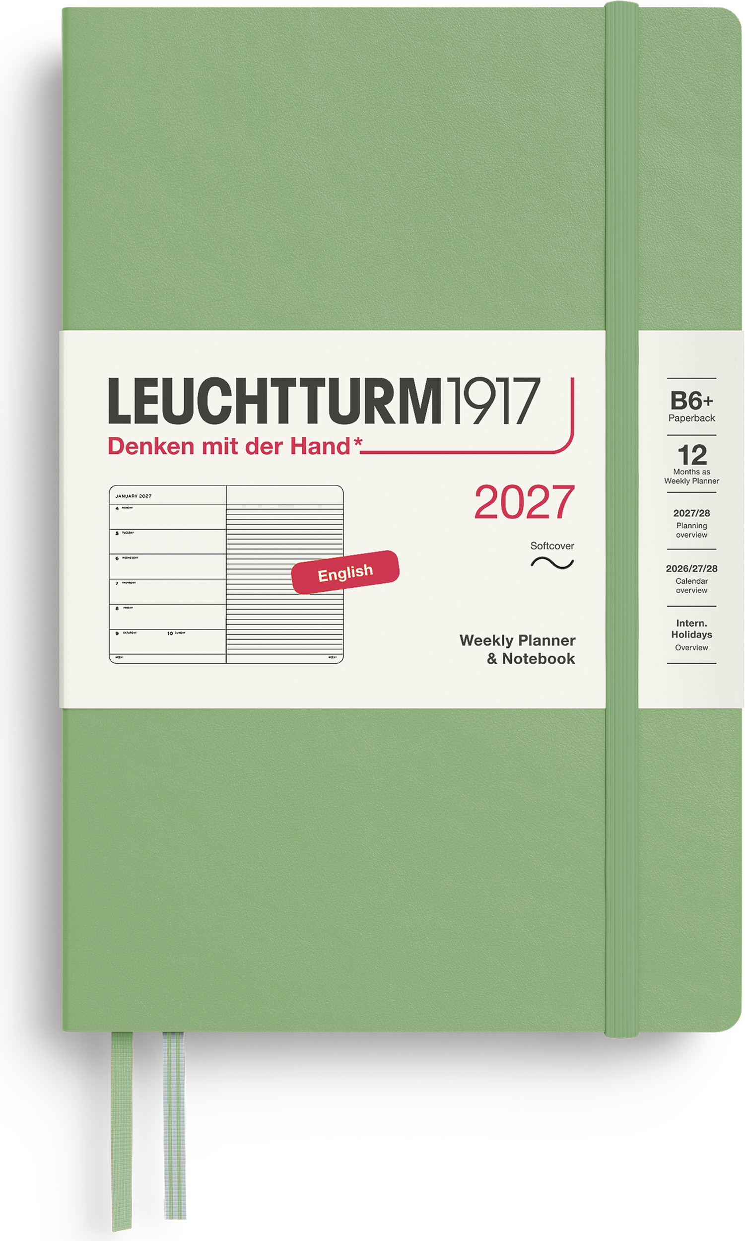 Leuchtturm 1917 Wochenplaner mit Notizbuch liniert Softcover 2027 EN B6+, hellgrün