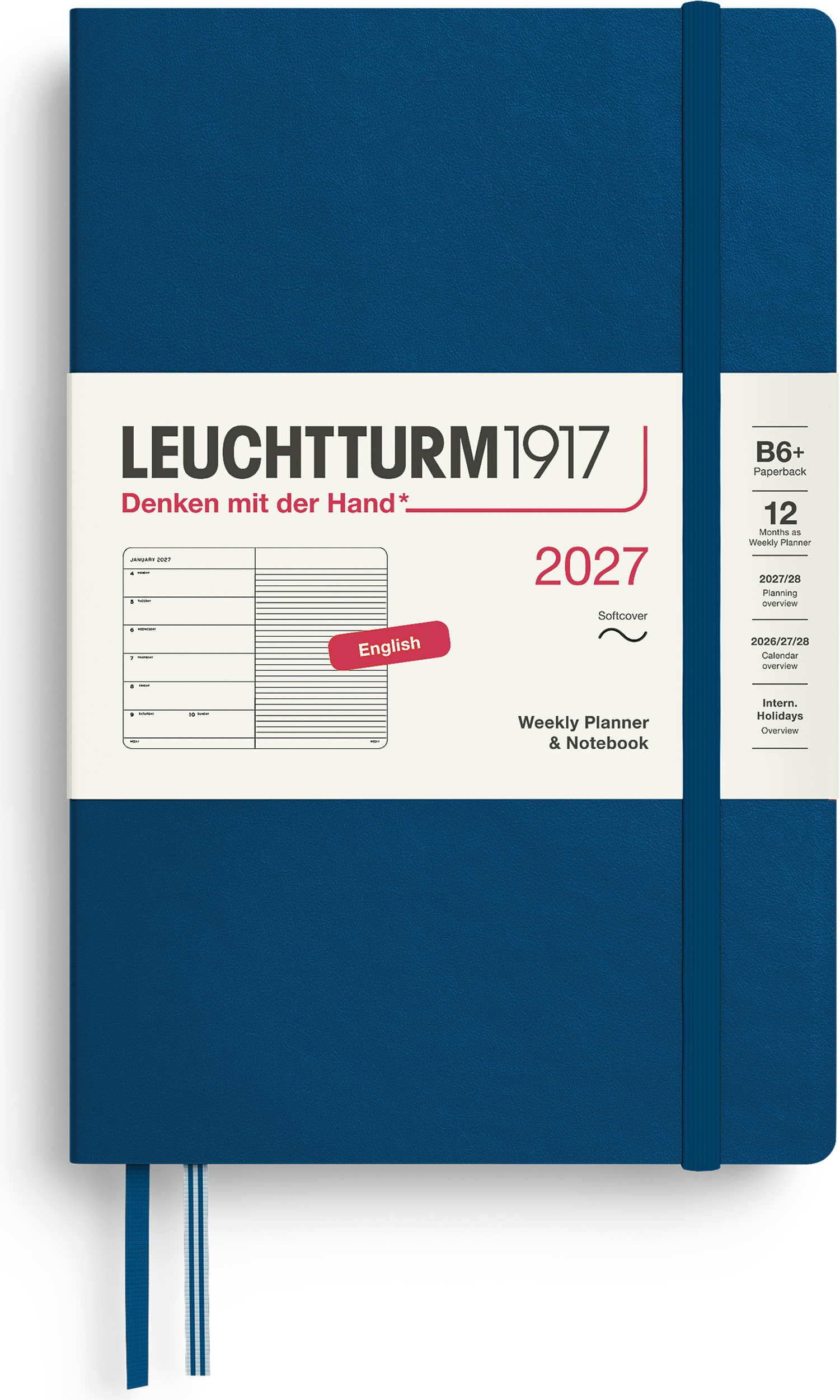 Leuchtturm 1917 Wochenplaner mit Notizbuch liniert Softcover 2027 EN B6+, indigo