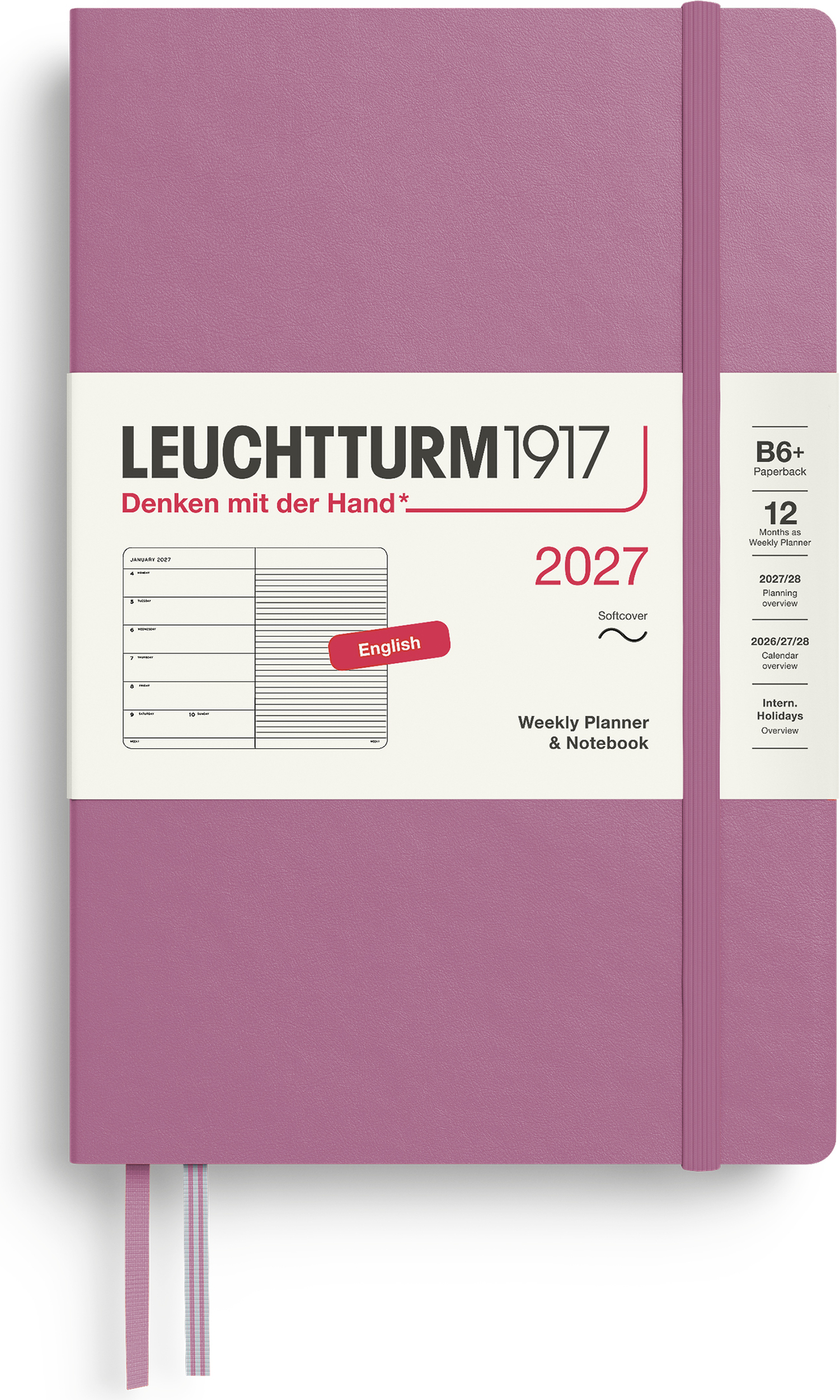 Leuchtturm 1917 Wochenplaner mit Notizbuch liniert Softcover 2027 EN B6+, rosa