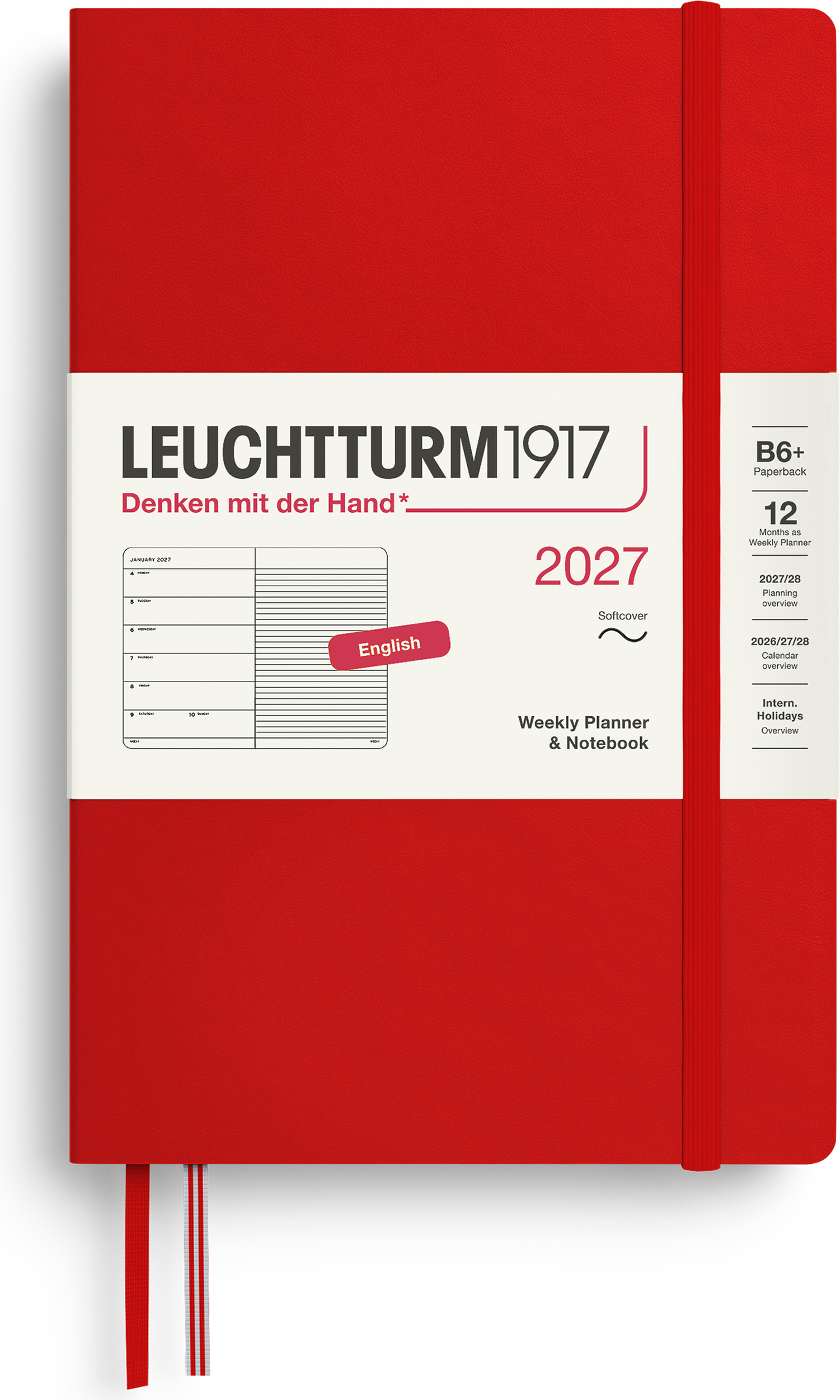 Leuchtturm 1917 Wochenplaner mit Notizbuch liniert Softcover 2027 EN B6+, rot