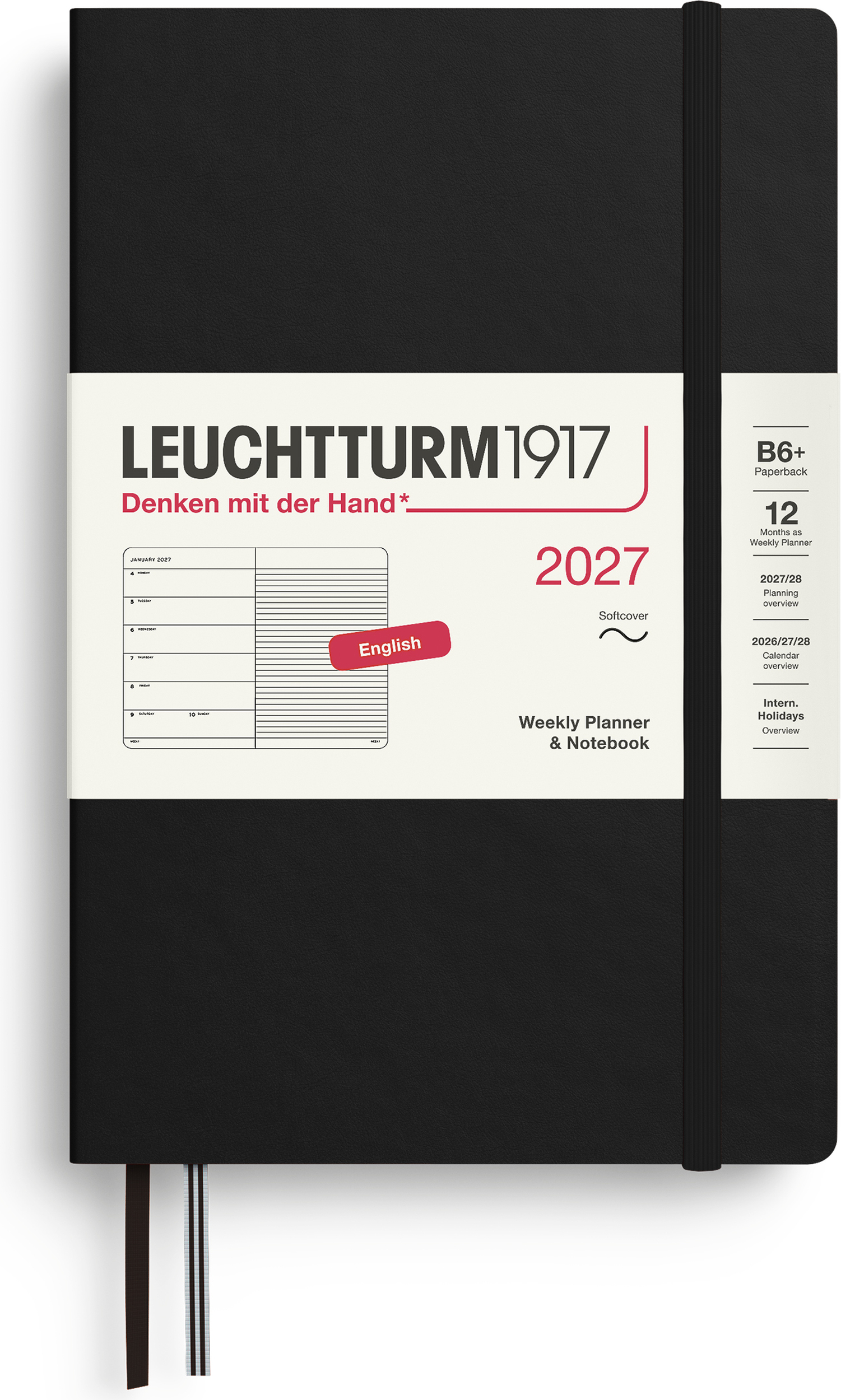 Leuchtturm 1917 Wochenplaner mit Notizbuch liniert Softcover 2027 EN B6+, schwarz