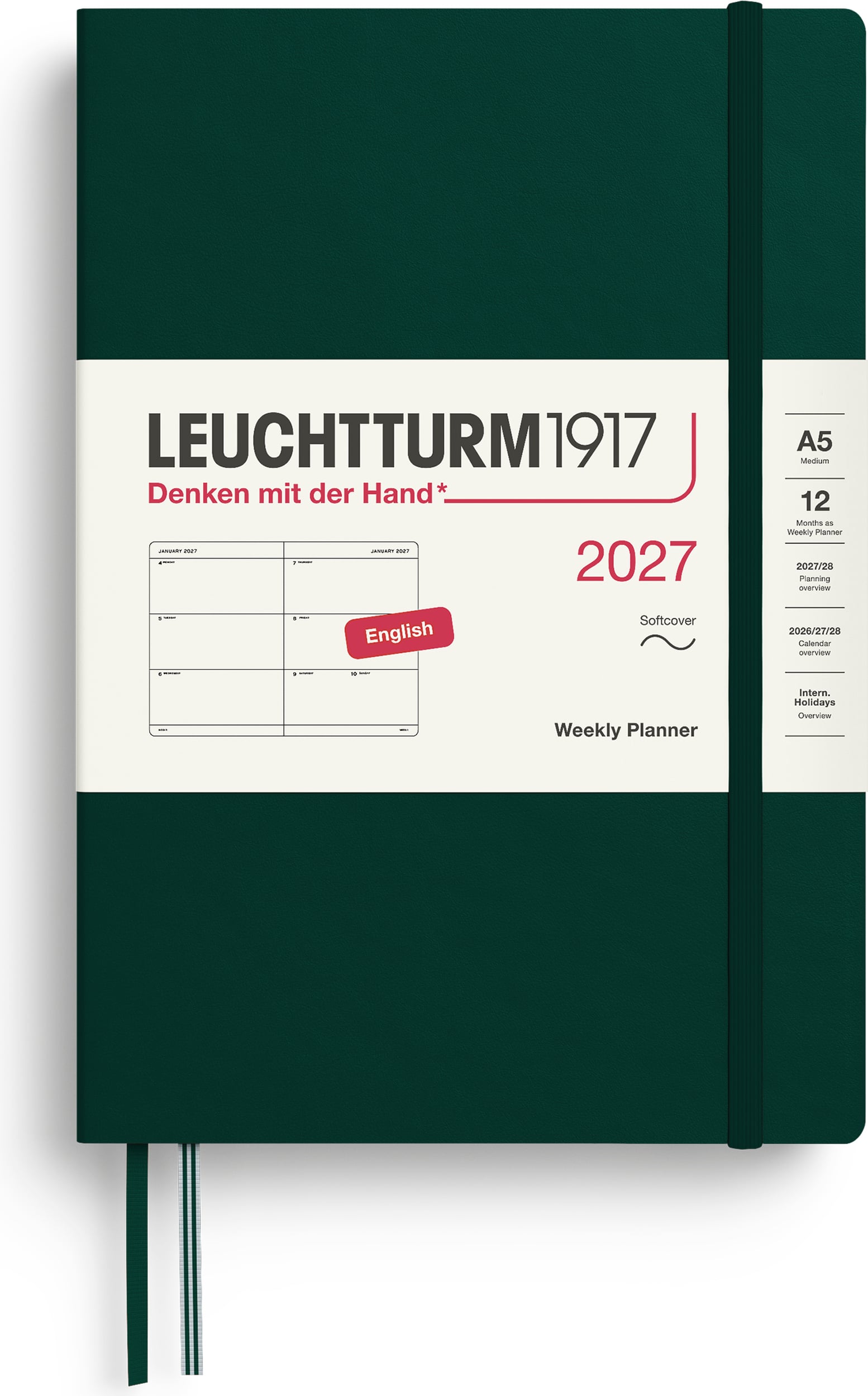 Leuchtturm 1917 Wochenplaner Softcover 2027 EN A5, dunkelgrün
