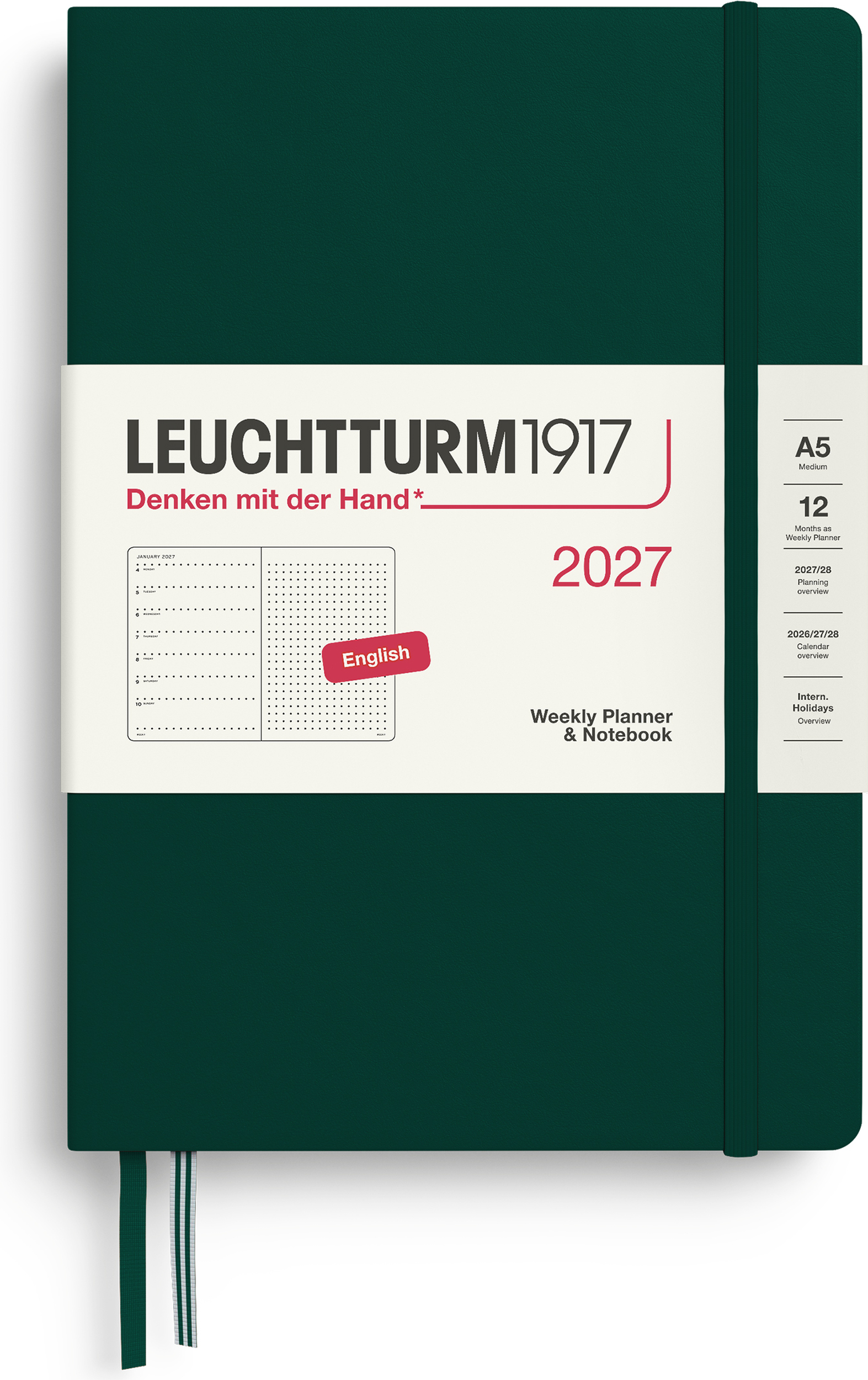 Leuchtturm 1917 Wochenplaner und Notizbuch gepunktet Hardcover 2027 EN A5, dunkelgrün