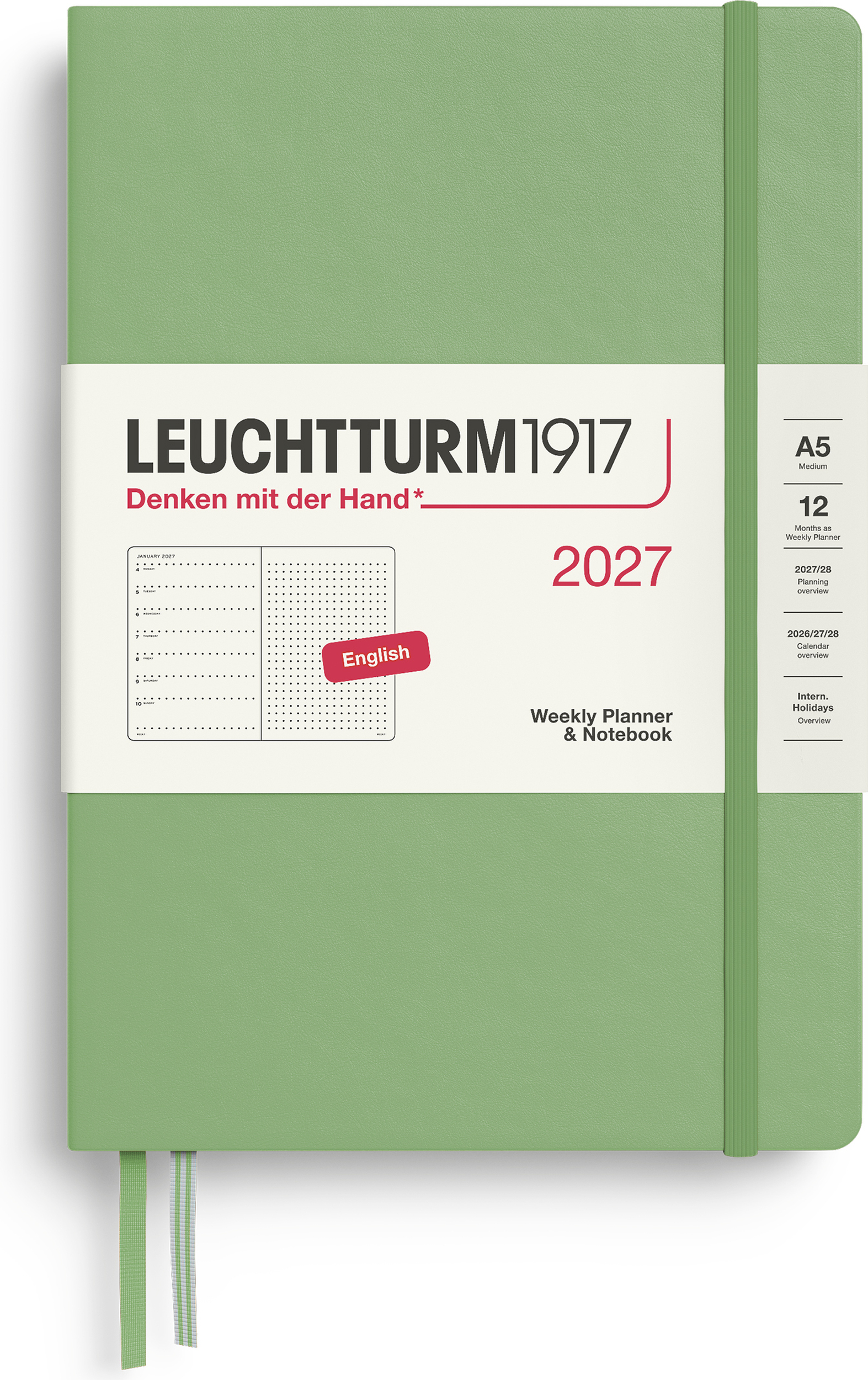 Leuchtturm 1917 Wochenplaner und Notizbuch gepunktet Hardcover 2027 EN A5, hellgrün