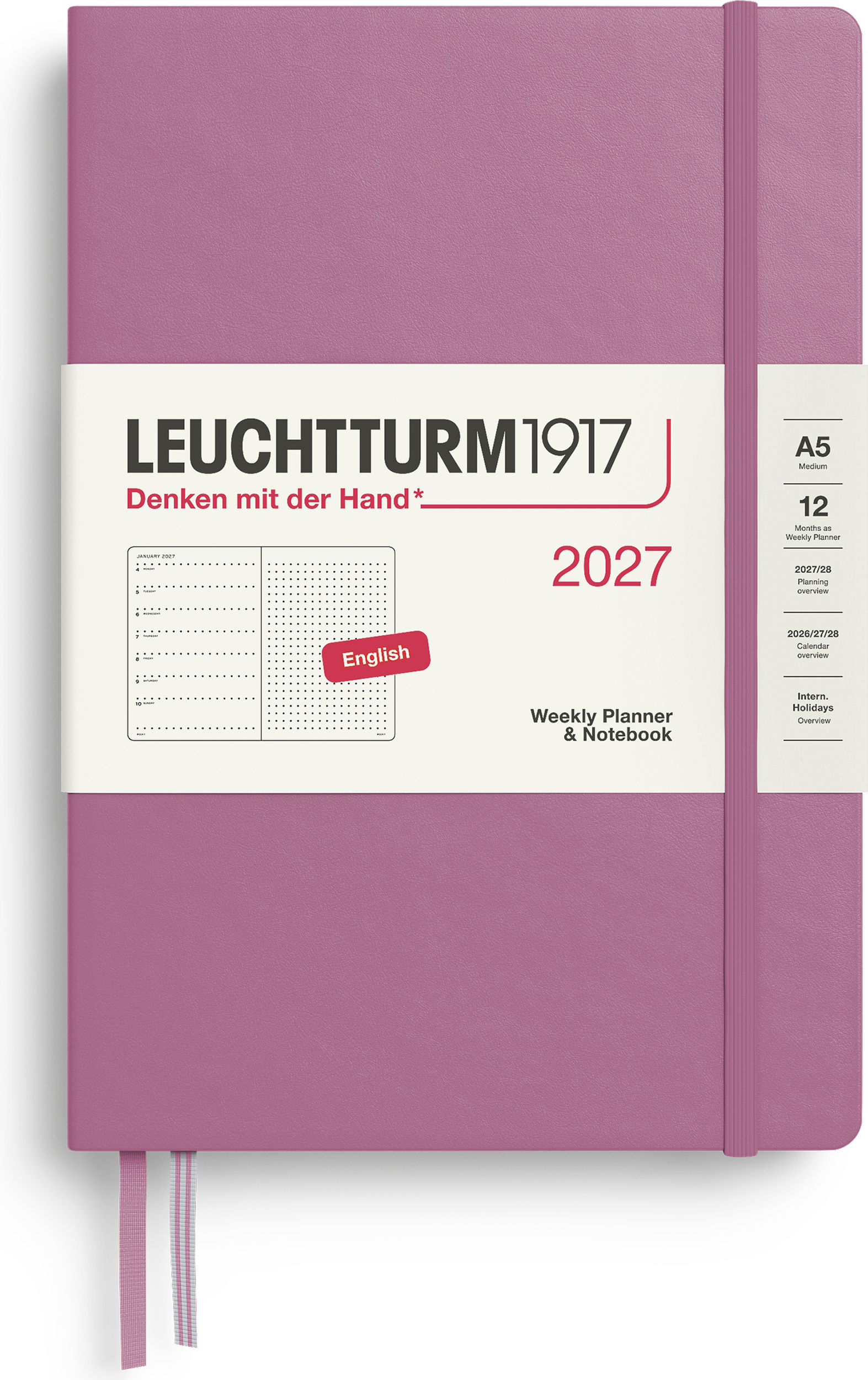 Leuchtturm 1917 Wochenplaner und Notizbuch gepunktet Hardcover 2027 EN A5, rosa