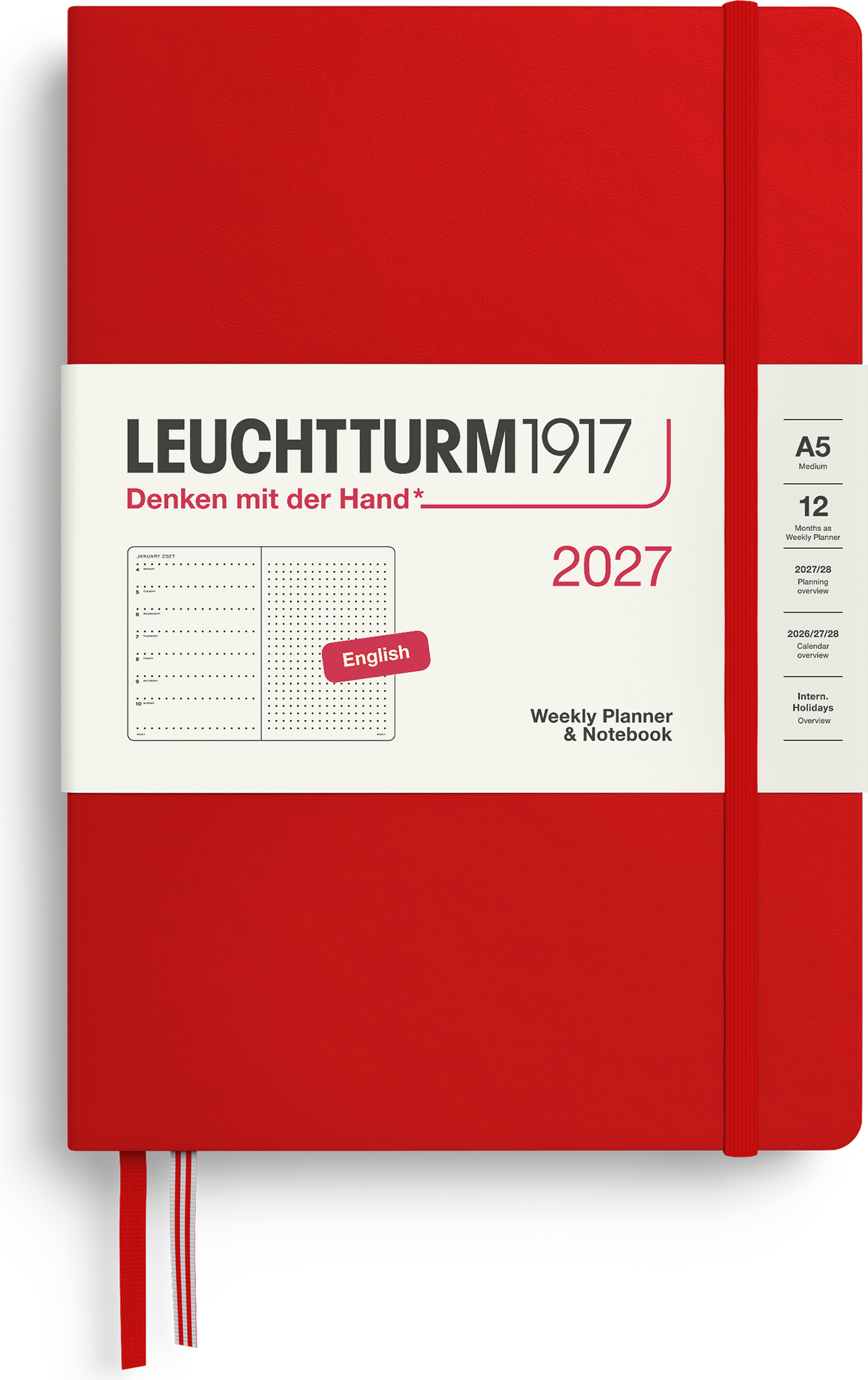Leuchtturm 1917 Wochenplaner und Notizbuch gepunktet Hardcover 2027 EN A5, rot
