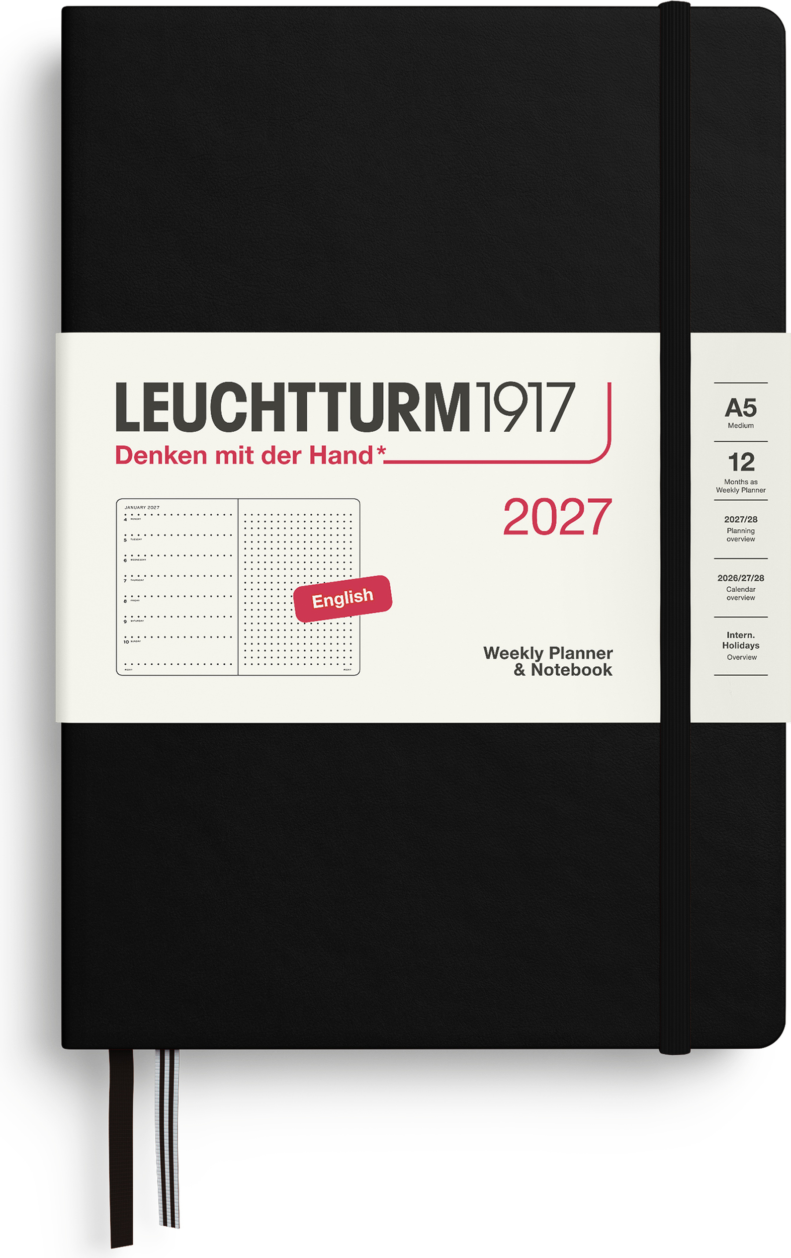 Leuchtturm 1917 Wochenplaner und Notizbuch gepunktet Hardcover 2027 EN A5, schwarz