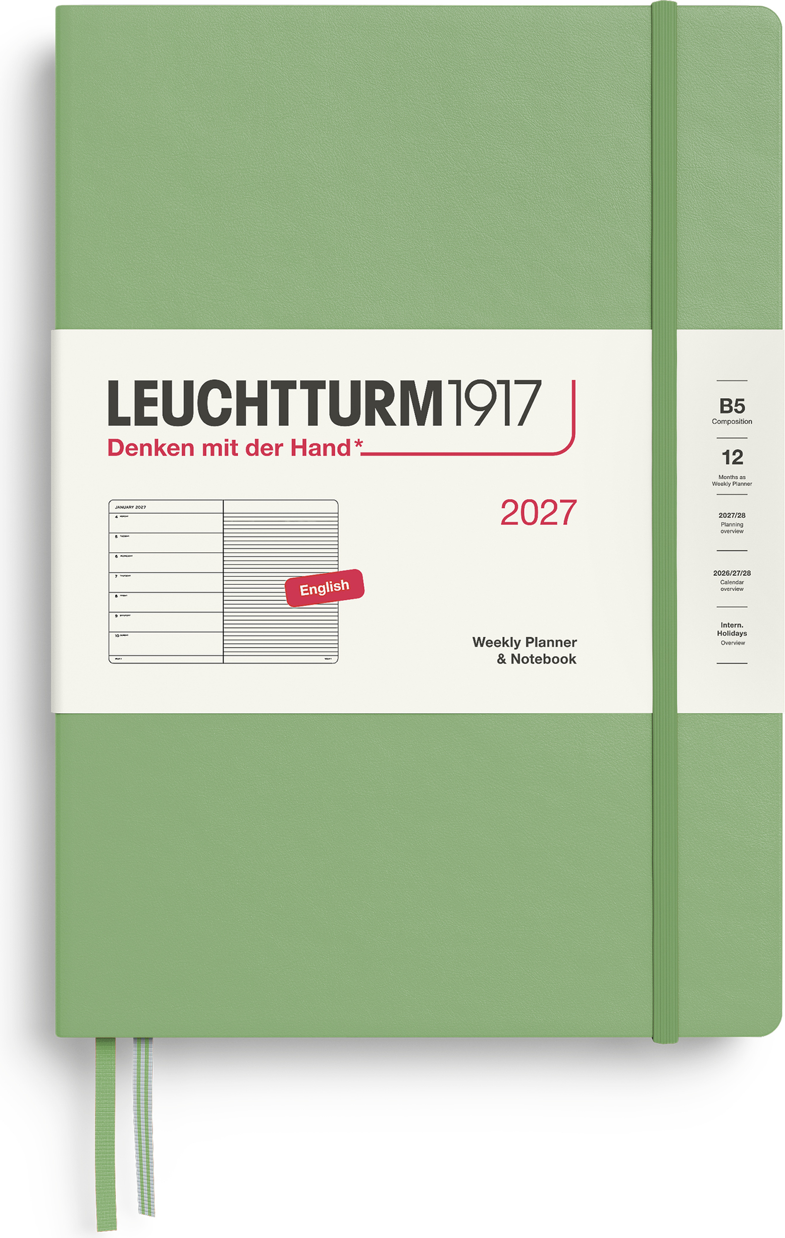 Leuchtturm 1917 Wochenplaner und Notizbuch liniert Hardcover 2027 EN B5, hellgrün