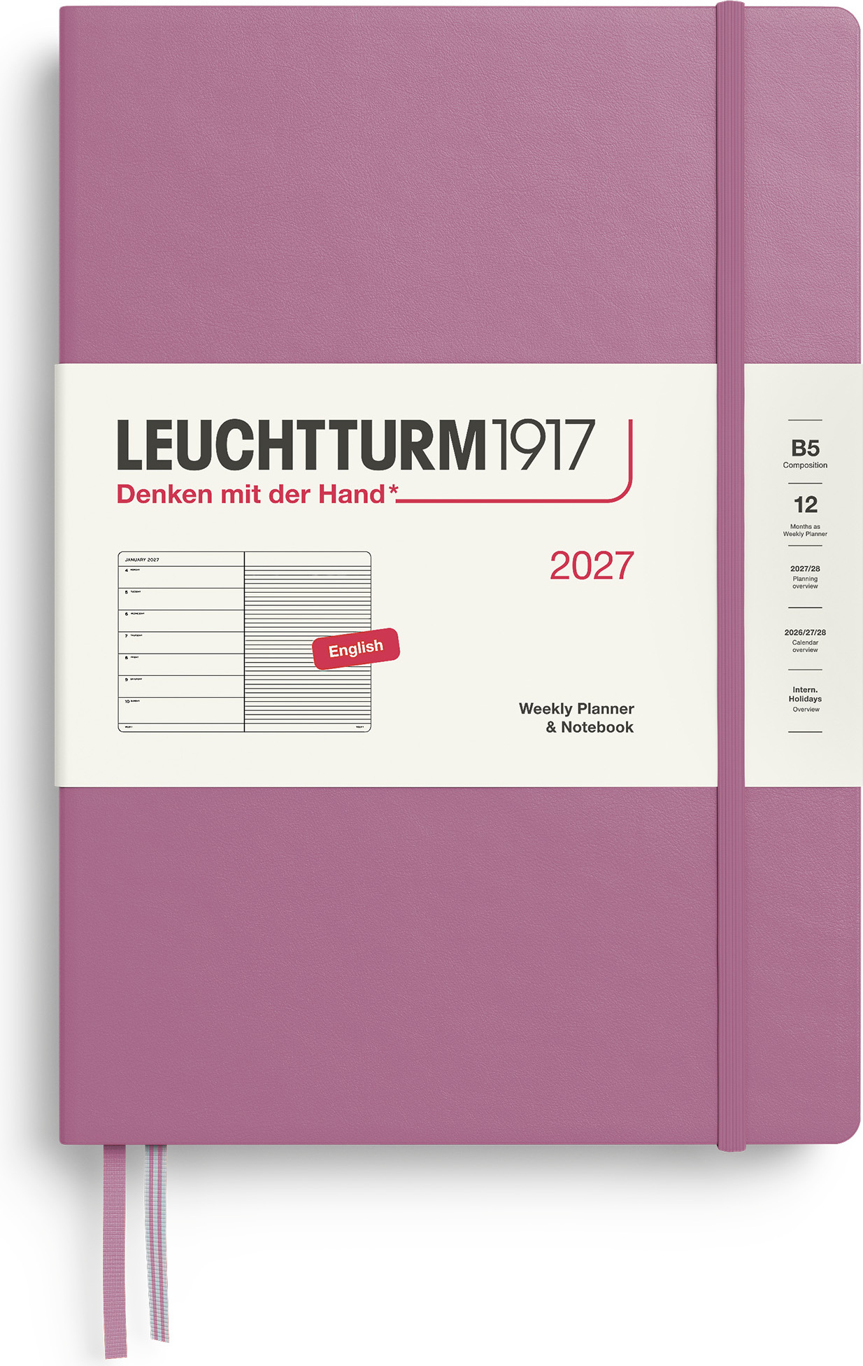 Leuchtturm 1917 Wochenplaner und Notizbuch liniert Hardcover 2027 EN B5, rosa