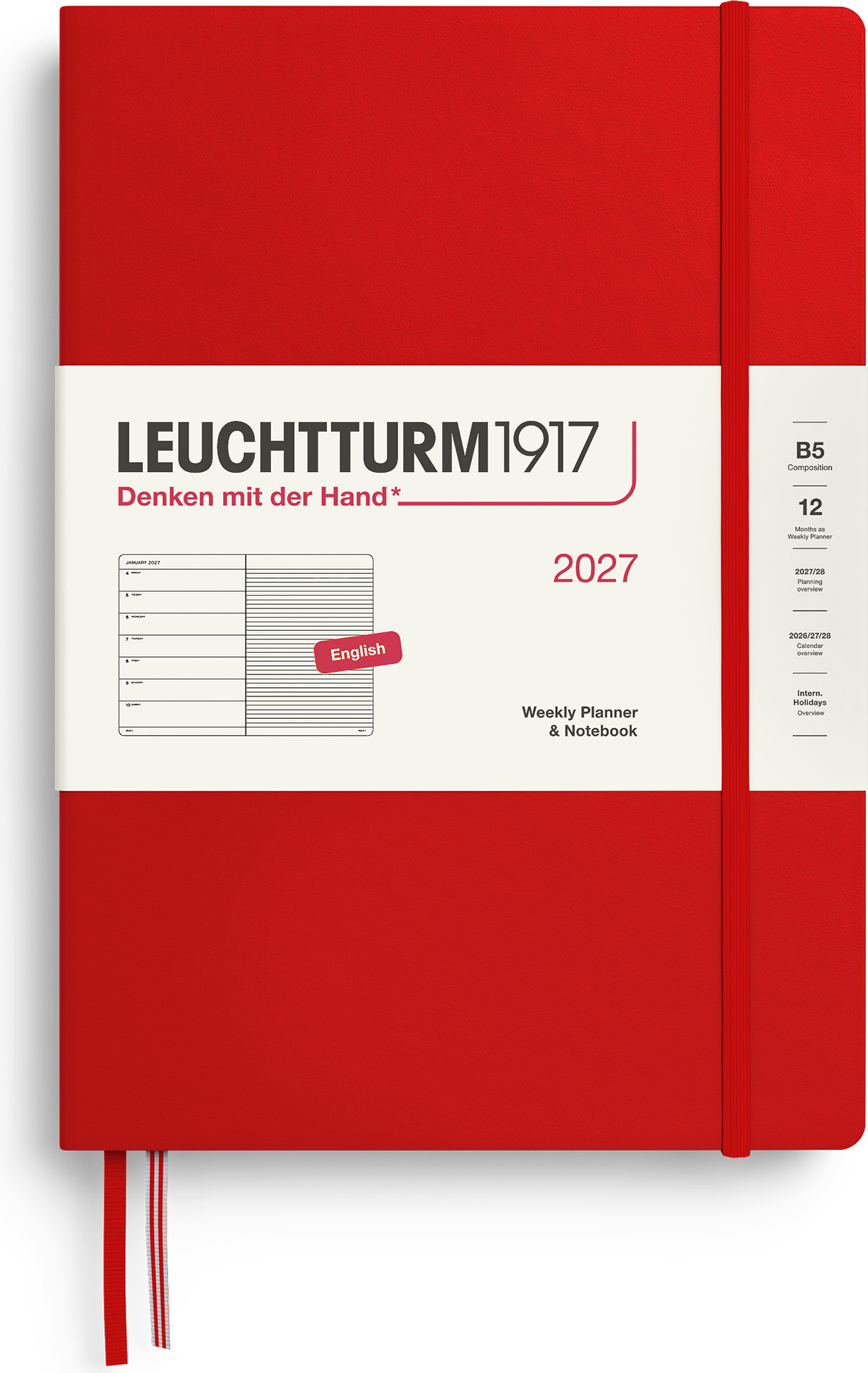 Leuchtturm 1917 Wochenplaner und Notizbuch liniert Hardcover 2027 EN B5, rot