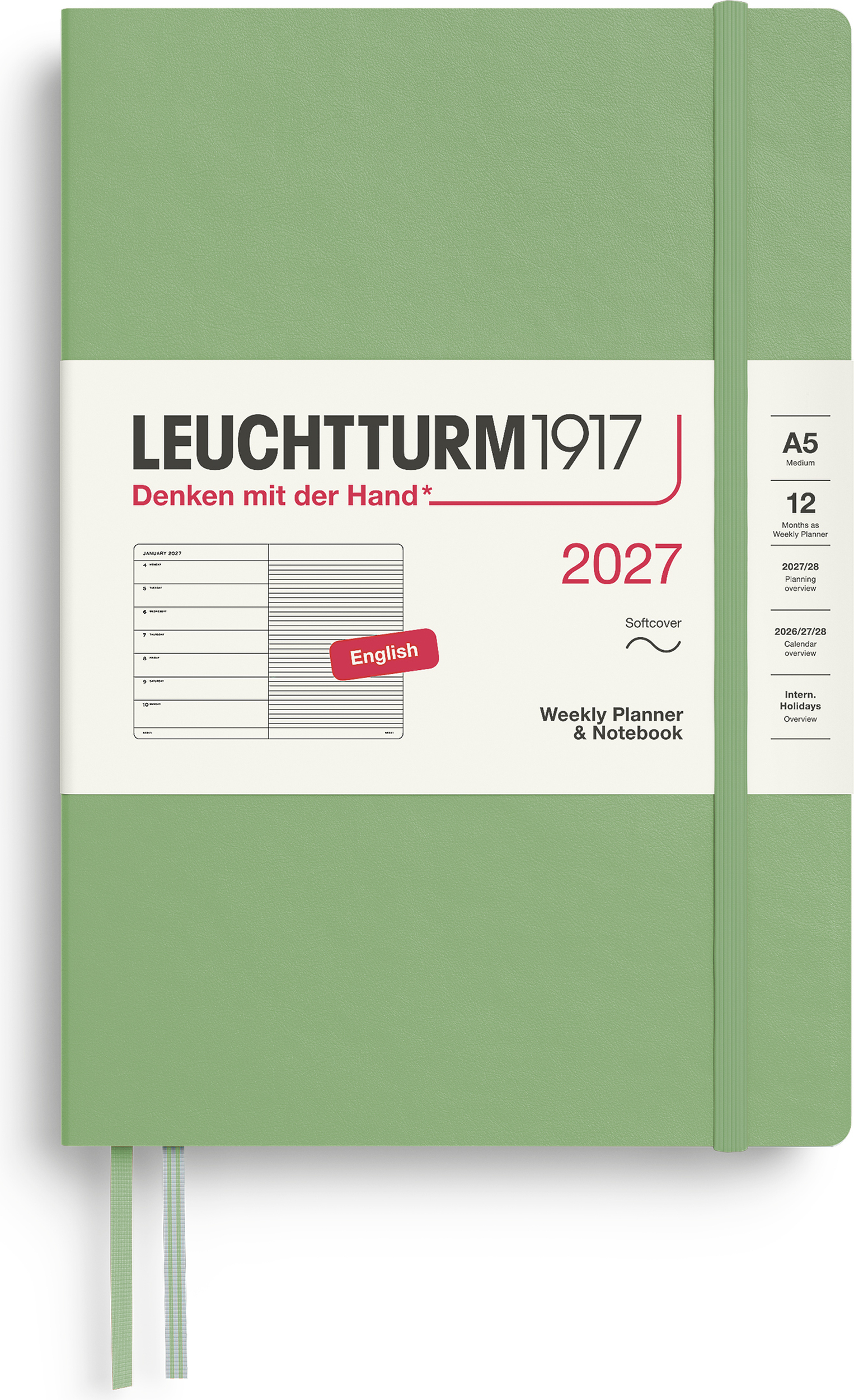 Leuchtturm 1917 Wochenplaner und Notizbuch liniert Softcover 2027 EN A5, hellgrün