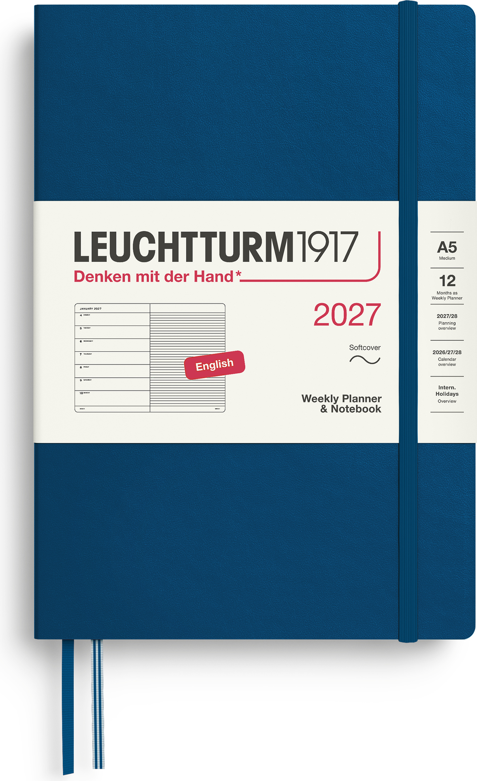 Leuchtturm 1917 Wochenplaner und Notizbuch liniert Softcover 2027 EN A5, indigo