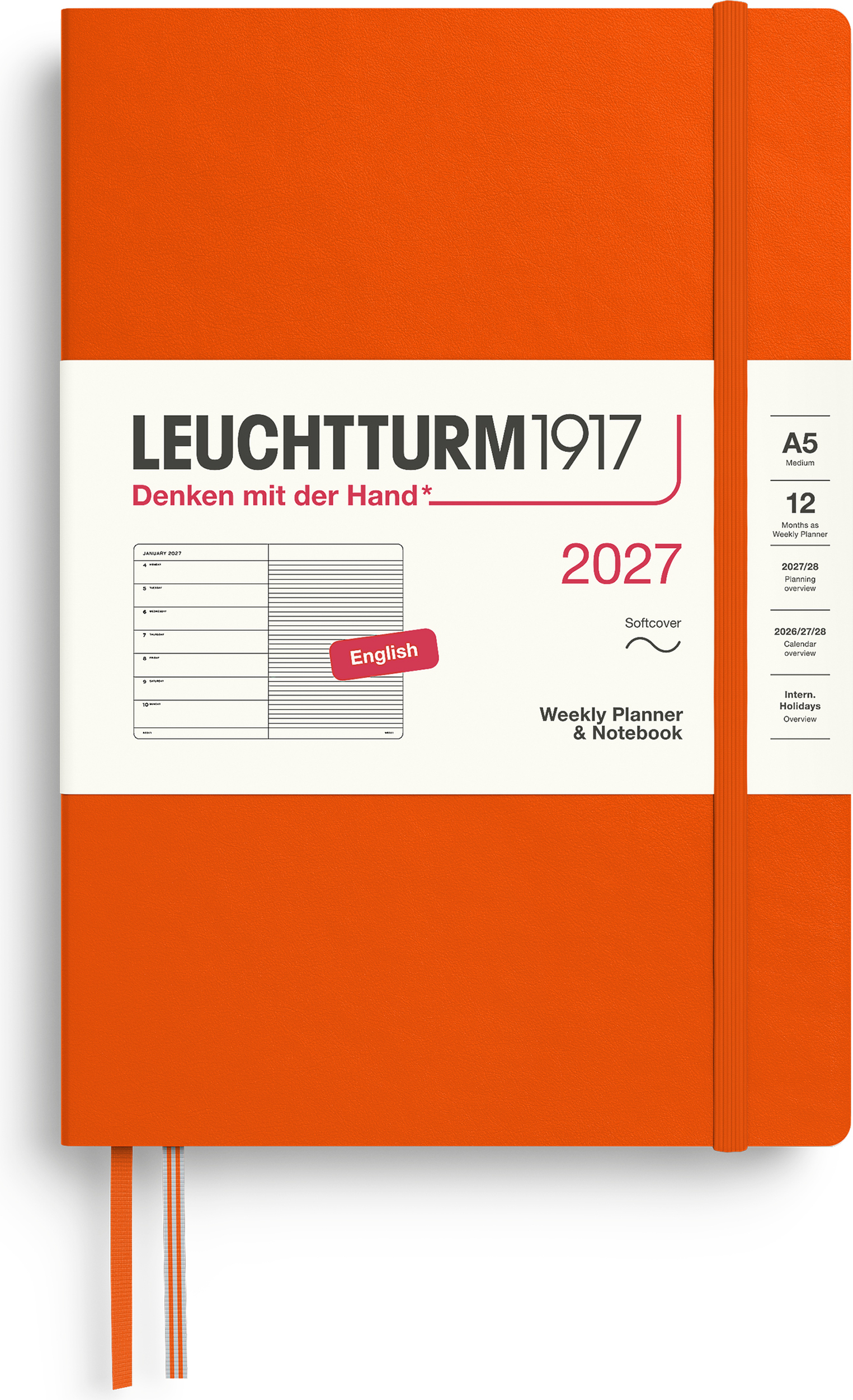 Leuchtturm 1917 Wochenplaner und Notizbuch liniert Softcover 2027 EN A5, orange