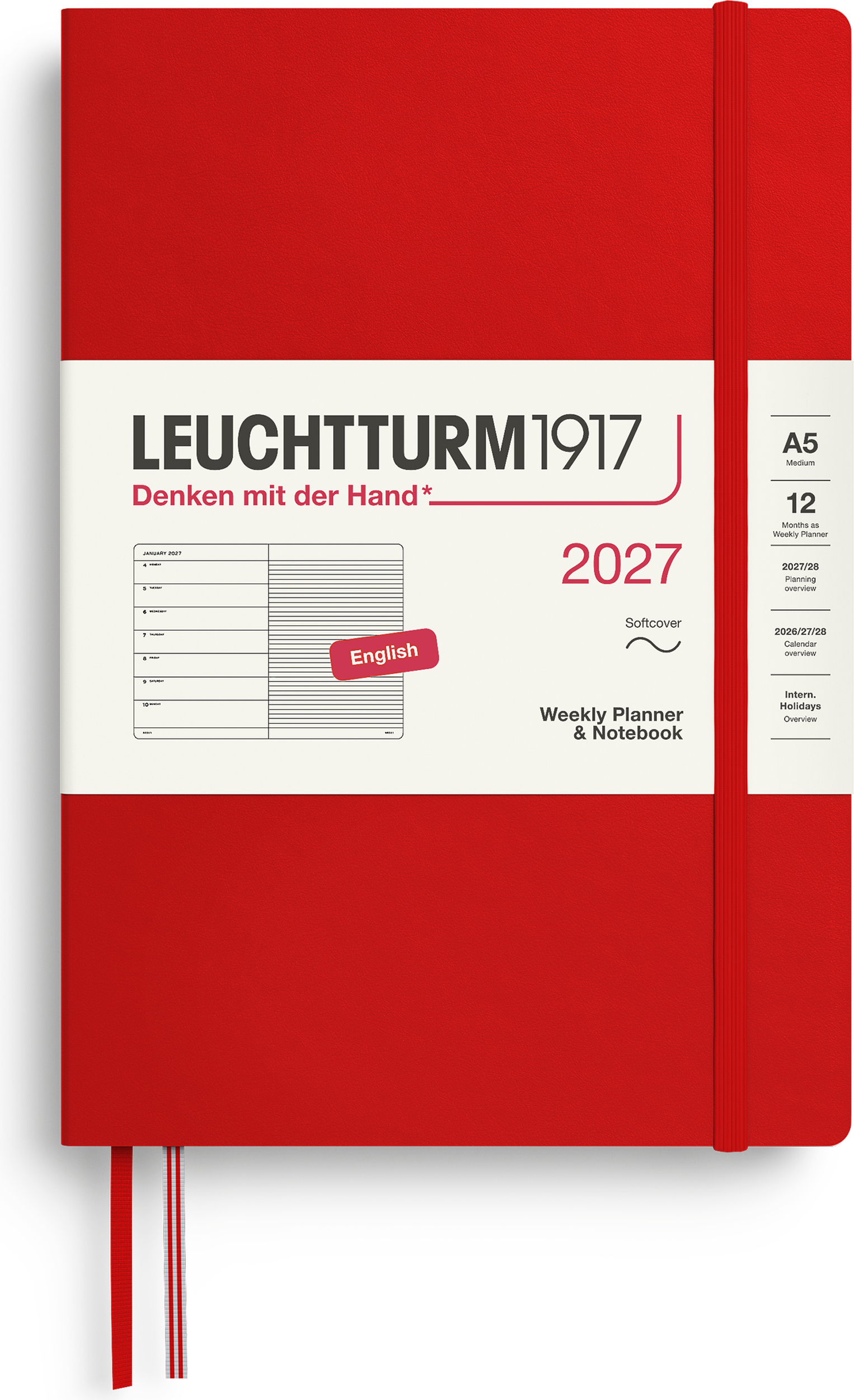 Leuchtturm 1917 Wochenplaner und Notizbuch liniert Softcover 2027 EN A5, rot
