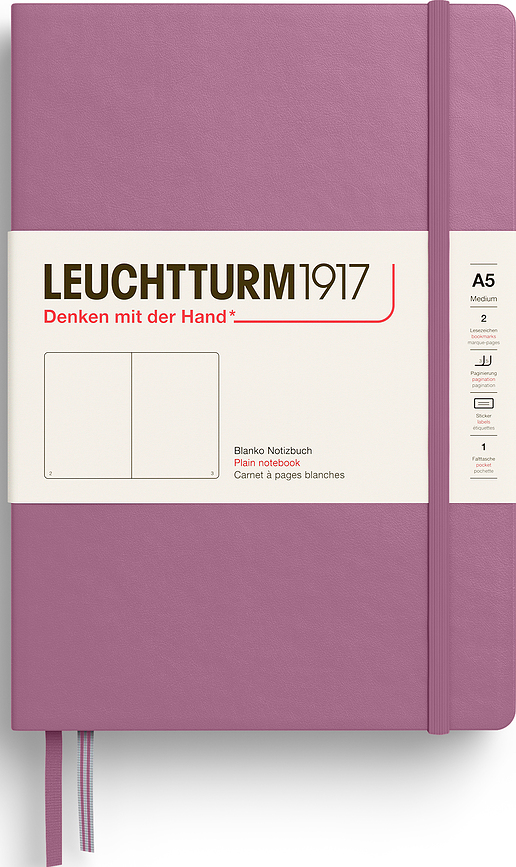 Leuchtturm 1917 Zvezek, A5, 251 strani, umazano roza, 80 g/m², trda vezava, brez črt