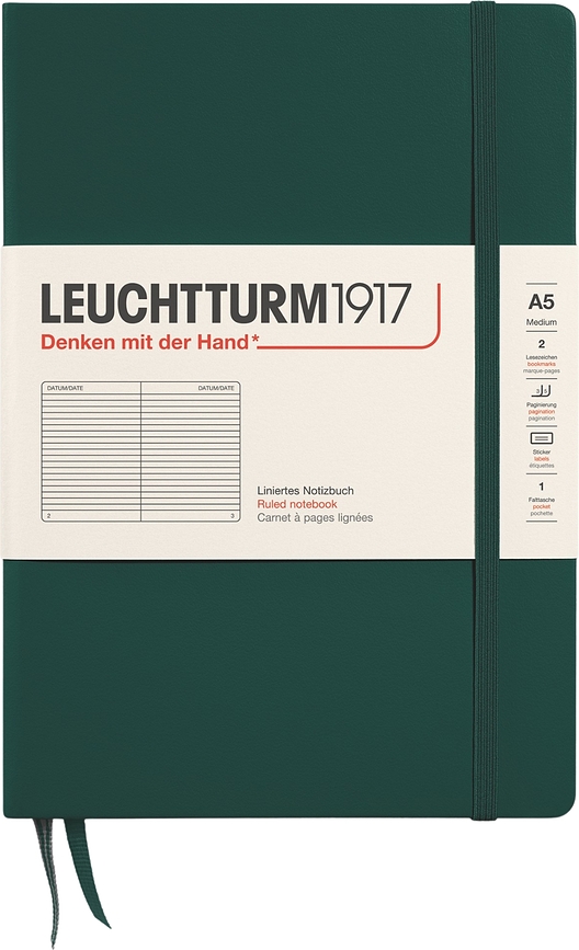 Leuchtturm 1917 Zvezek v črto, trda vezava, A5, 251 strani, gozdno zelen, 80 g/m²