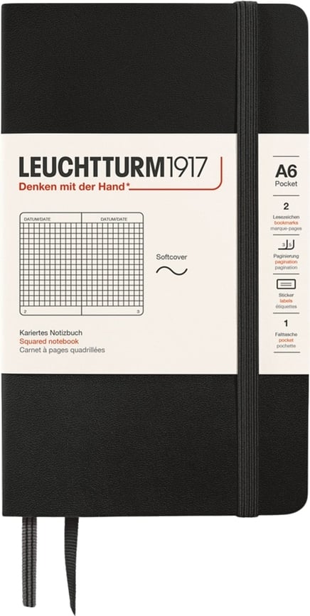 Leuchtturm 1917 Zvezek v karo, A6, 123 strani, črn, 80 g/m²