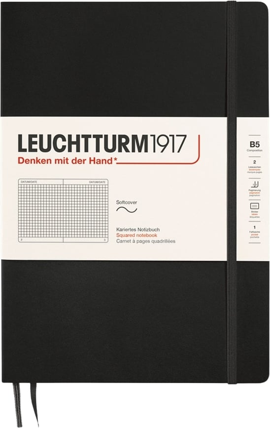 Leuchtturm 1917 Zvezek v karo, B5, 123 strani, črn, 80 g/m²