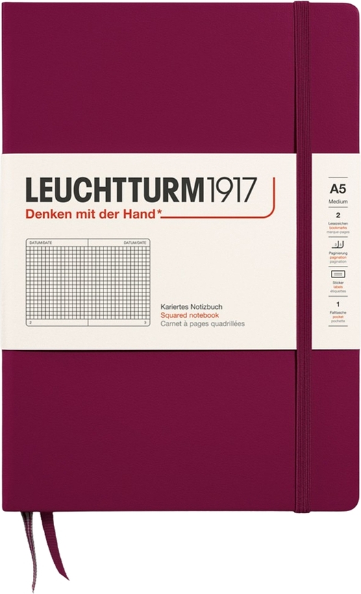 Leuchtturm 1917 Zvezek v trdi vezavi, A5, 251 strani, bordo, 80 g/m², karirast