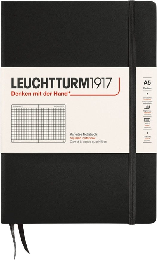 Leuchtturm 1917 Zvezek v trdi vezavi, A5, 251 strani, črn, 80 g/m², karirast