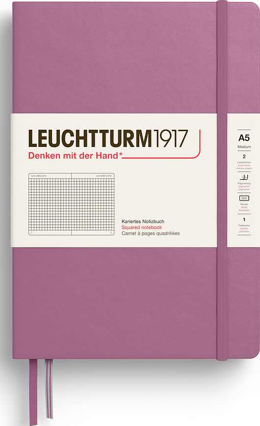 Leuchtturm 1917 Zvezek v trdi vezavi, A5, 251 strani, karirast, umazano roza, 80 g/m²