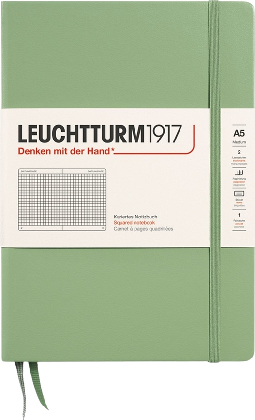 Leuchtturm 1917 Zvezek v trdi vezavi, A5, 251 strani, karirast, žajbljevo zelen, 80 g/m²